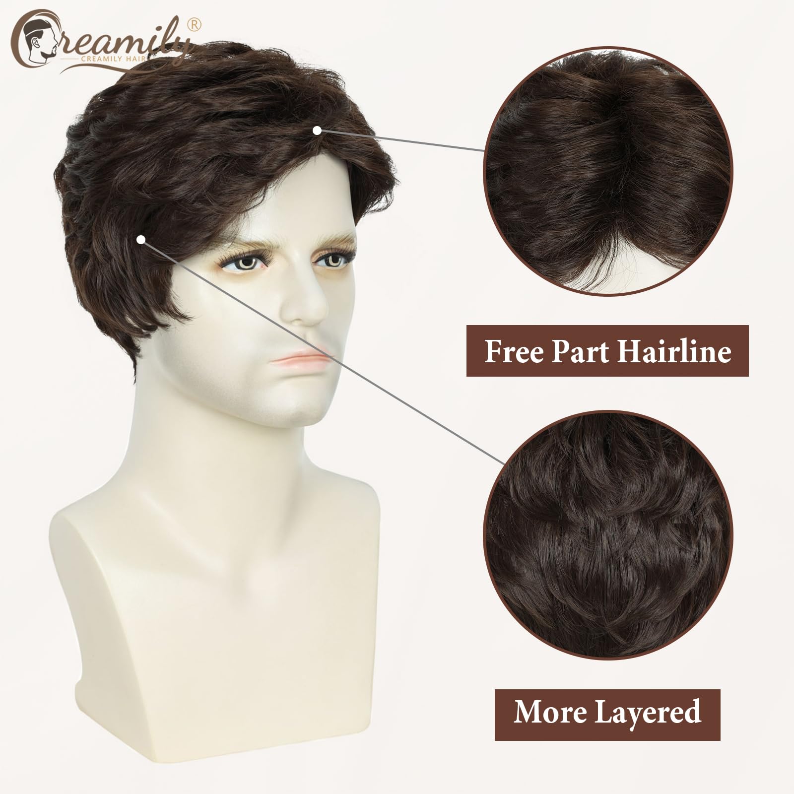 Creamily Brown Short Hair Wig for Mens Natural Hair,Layered Fluffy Hair Wigs,Full Hair Wig Synthetic for Men Party Daily 4
