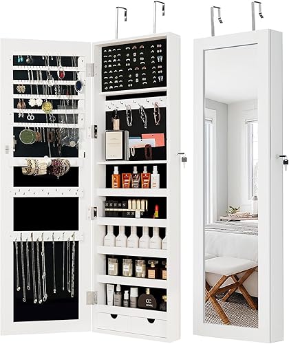 BOSTANA Organizador de joyas, armario de joyería con puerta de espejo de pared o montado, espejo con cerradura con almacenamiento de 2 cajones,