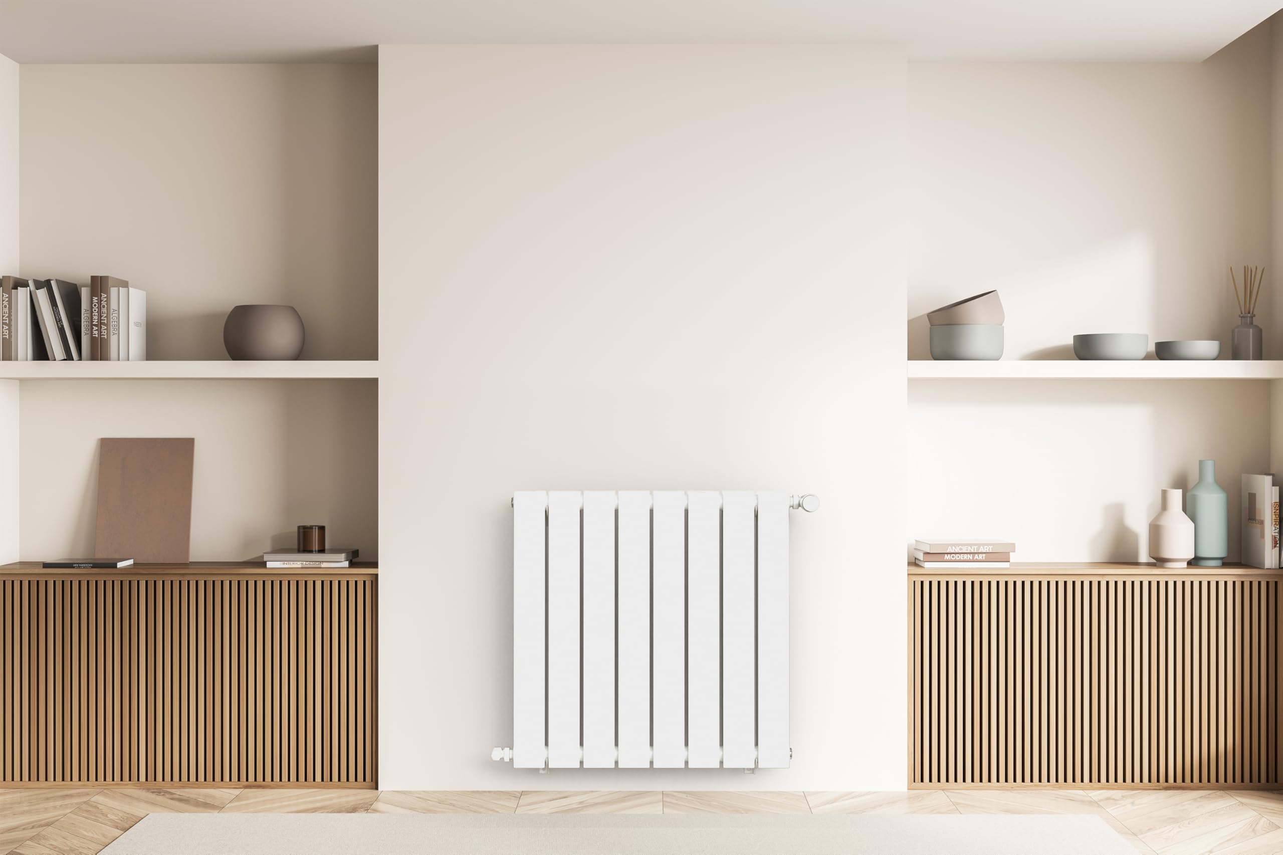 Radiateur blanc mural eau chaude horizontal en acier double lame | 60 x 60 cm 883 Watt chauffage central | 4 raccordements 15x21 (1/2) série NYTIA by NOYON & THIEBAULT