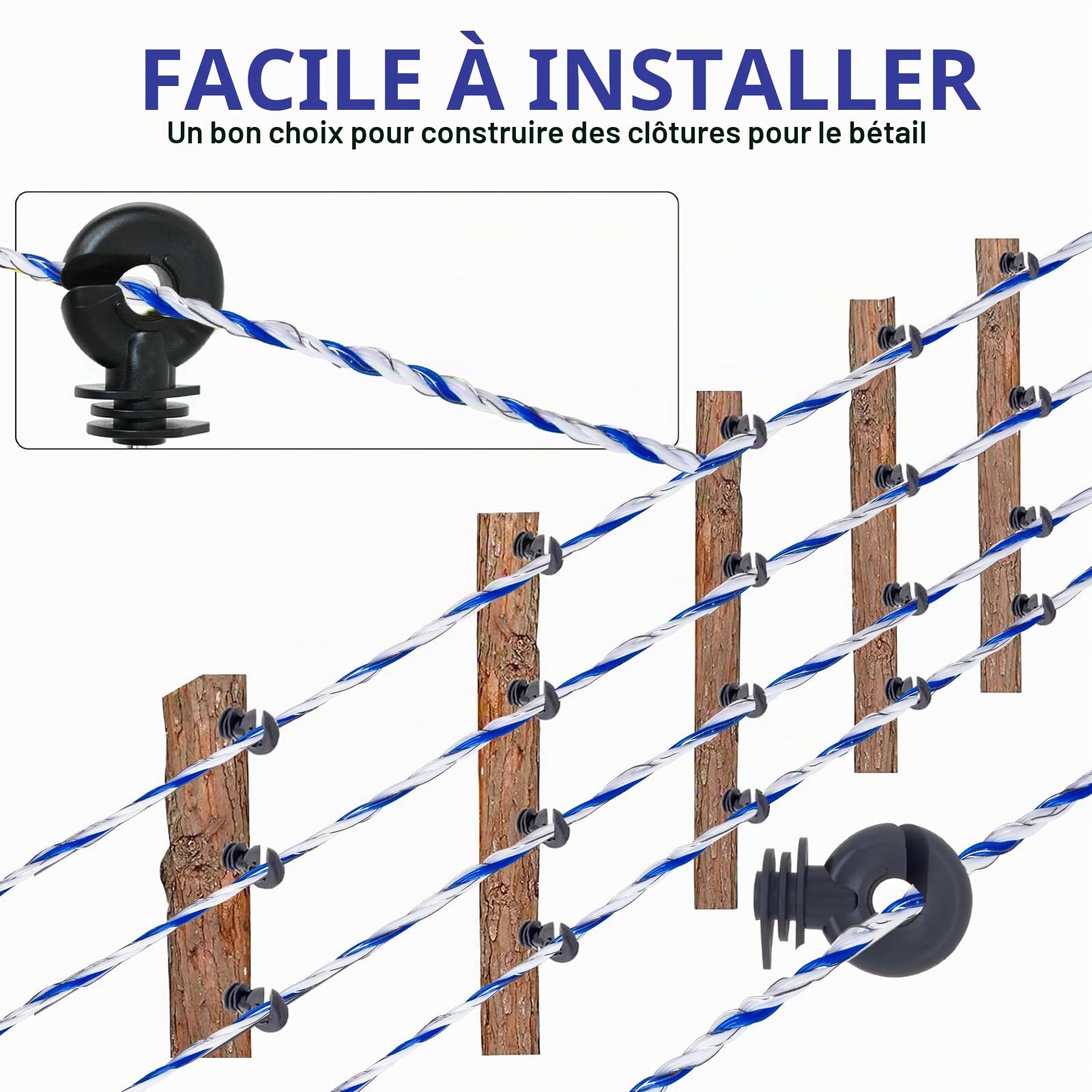 Corde pour Clôture Électrique, Fil Électrique Polyfile, 6 Brins Acier Inoxydable + 15 Brins PE, Corde Conductrice Bleu et Blanche (200m) + 50 Isolateurs + 1 Guide de Vis