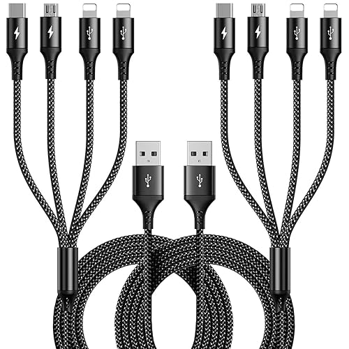 RULUS Cable de carga múltiple 2 unidades de 4 pies Cable de carga múltiple trenzado, cable de carga múltiple 4 en 1, cable de carga rápida con RULUS Cable de carga múltiple 2 unidades de 4 pies Cable de carga múltiple trenzado, cable de carga múltiple 4 en 1, cable de carga rápida con
