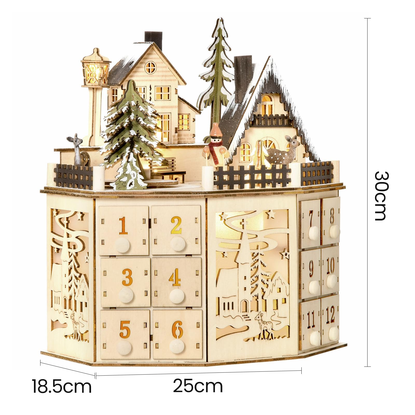 Calendario De Adviento De Madera Con 24 Cajones,Luces LED y Música (A)