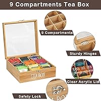 Vista 6 de handrong Caja de té, almacenamiento de bolsas de té, organizador de bolsas de té de bambú, baúl moderno con 9 compartimentos y cubierta transparente