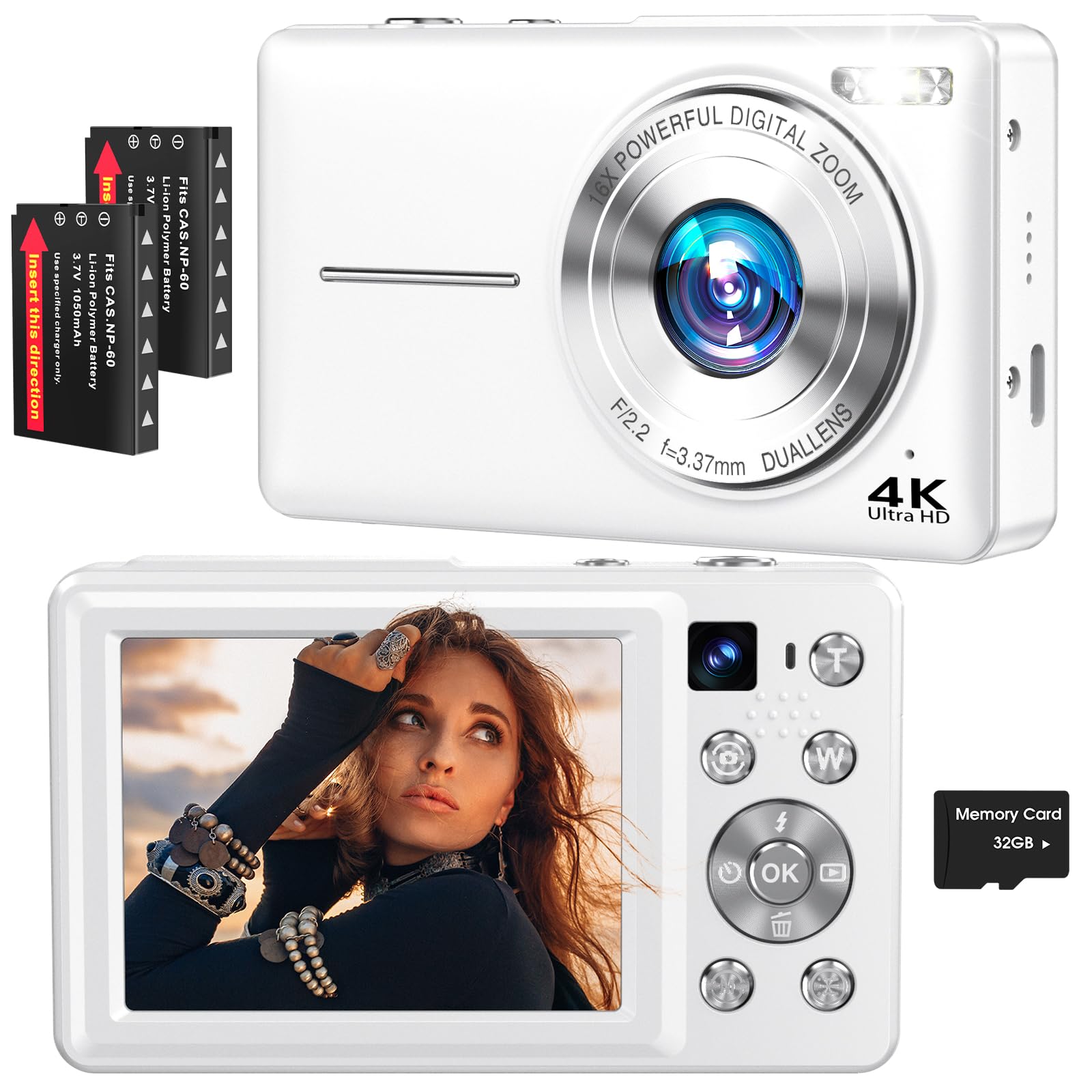 Foto de Cámara digital 4K, cámara de enfoque automático de 64 MP con doble lente, zoom digital 16X, cámara compacta de disparo de punto de viaje para adolescentes principiantes, antivibración, 2 baterías (imagen 1)