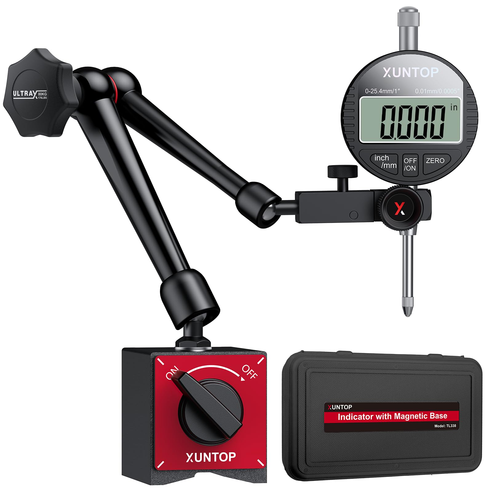 XUNTOP Digitale Messuhr Set 0–1 Zoll/25,4 mm mit Magnetfuß 176lbs (80 kg) Präzise digitale Messuhr Einheitenumrechnung Nullstellungsfunktion, LCD-Anzeige für Werkstatt & Maschinenjustierung