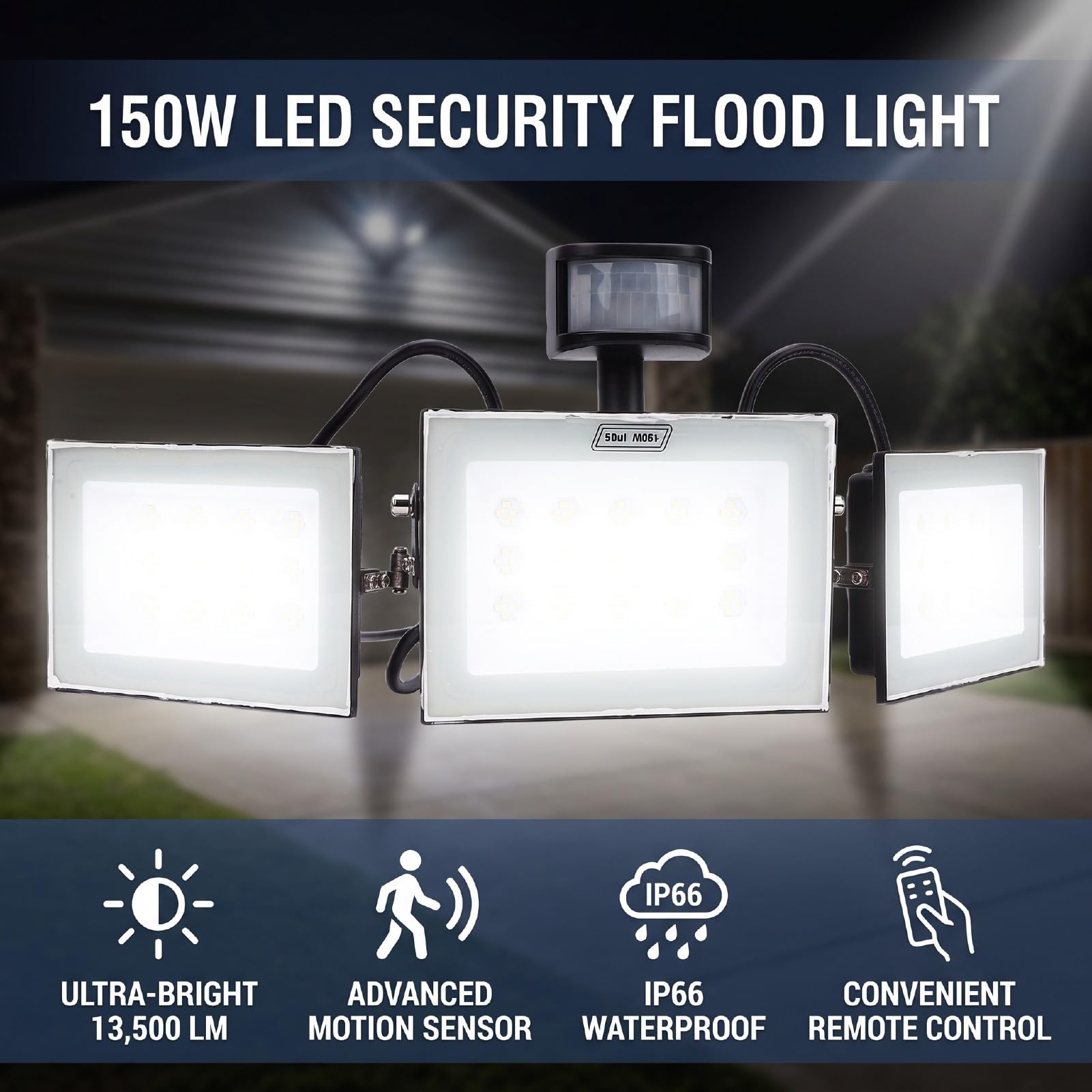 Fafeicy Światło Przeciwpowodziowe LED o Mocy 150 W 13500 Lm 3 Głowice