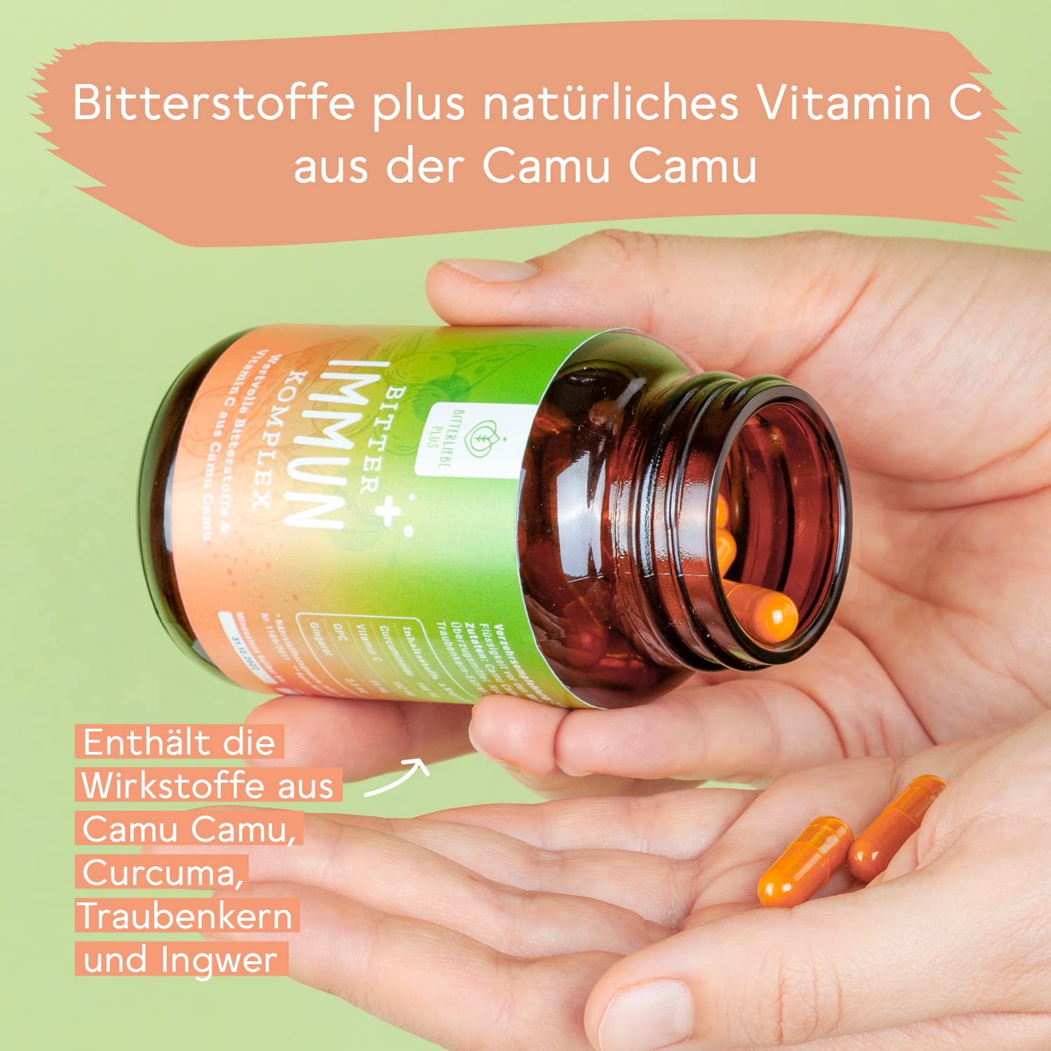 BitterLiebe® Bitter Immun Komplex (1er Set) mit natürlichem Vitamin C aus Camu Camu plus OPC Traubenkernextrakt hochdosiert I 270 vegane Kapseln mit Kurkuma, Ingwer