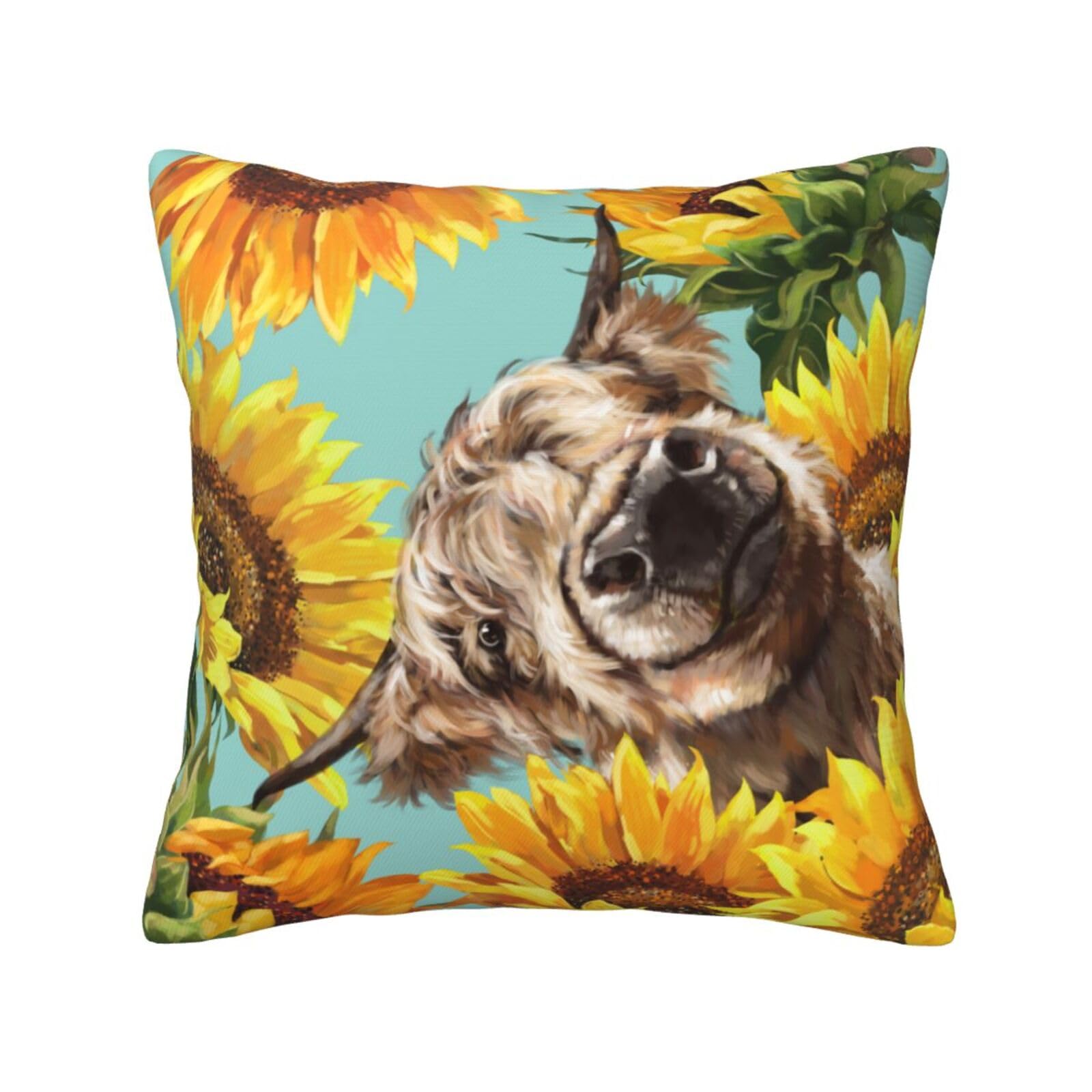 FFSHKOWE Cow with Sunflowers in Blue Decorative Throw Pillow Cover Double-Sided Printed Cushion Cover for Sofa Couch Bed Chair 45 x 45cm