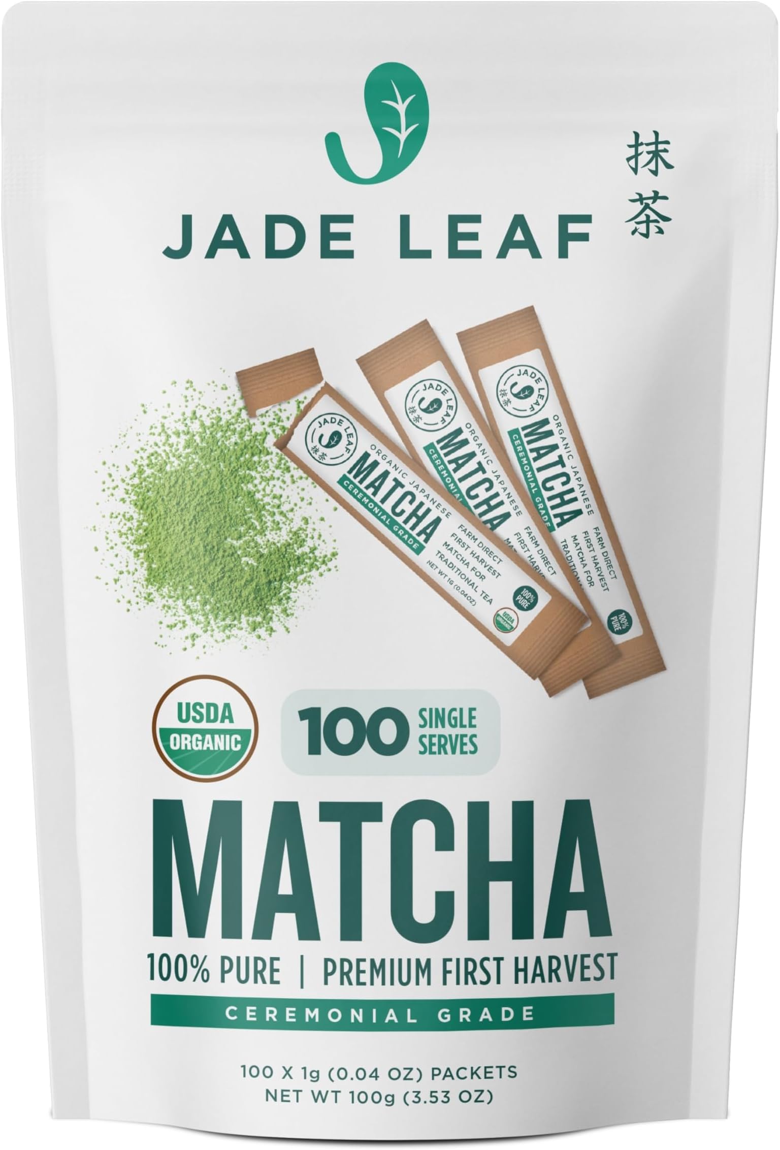 Jade Leaf Matcha Green Tea Powder - Organic Ceremonial Single Serve Stick Packs (100 count)