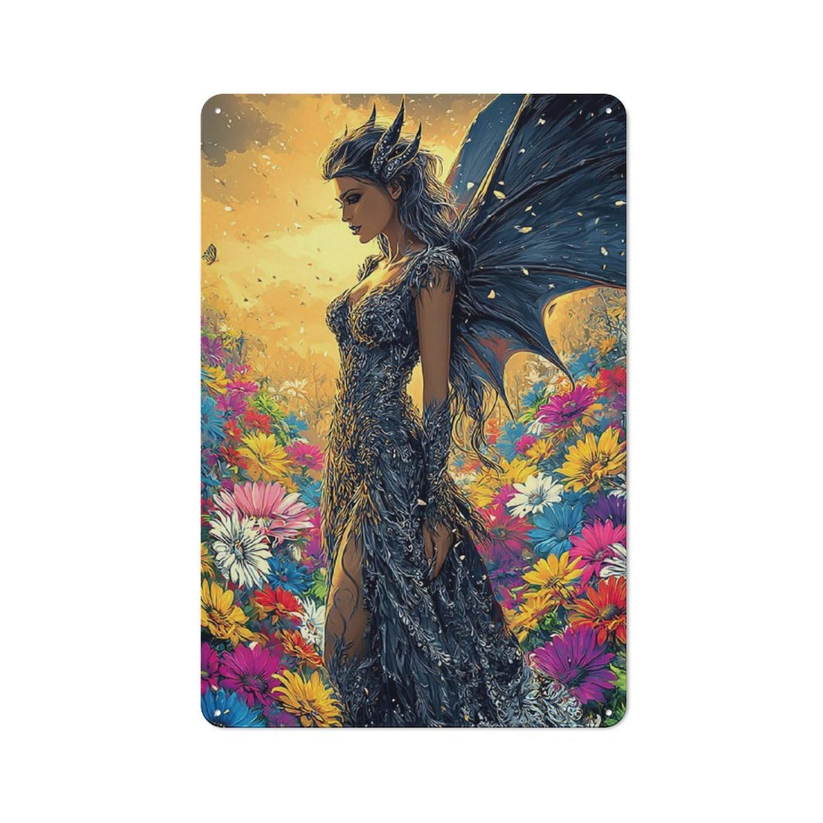 Junmoney Fantasy Fairy Amidst Flowers Metal Sign 30X20cm, Vintage Bar Wall Plaque For Diner, Restaurant, Shed Or Kitchen