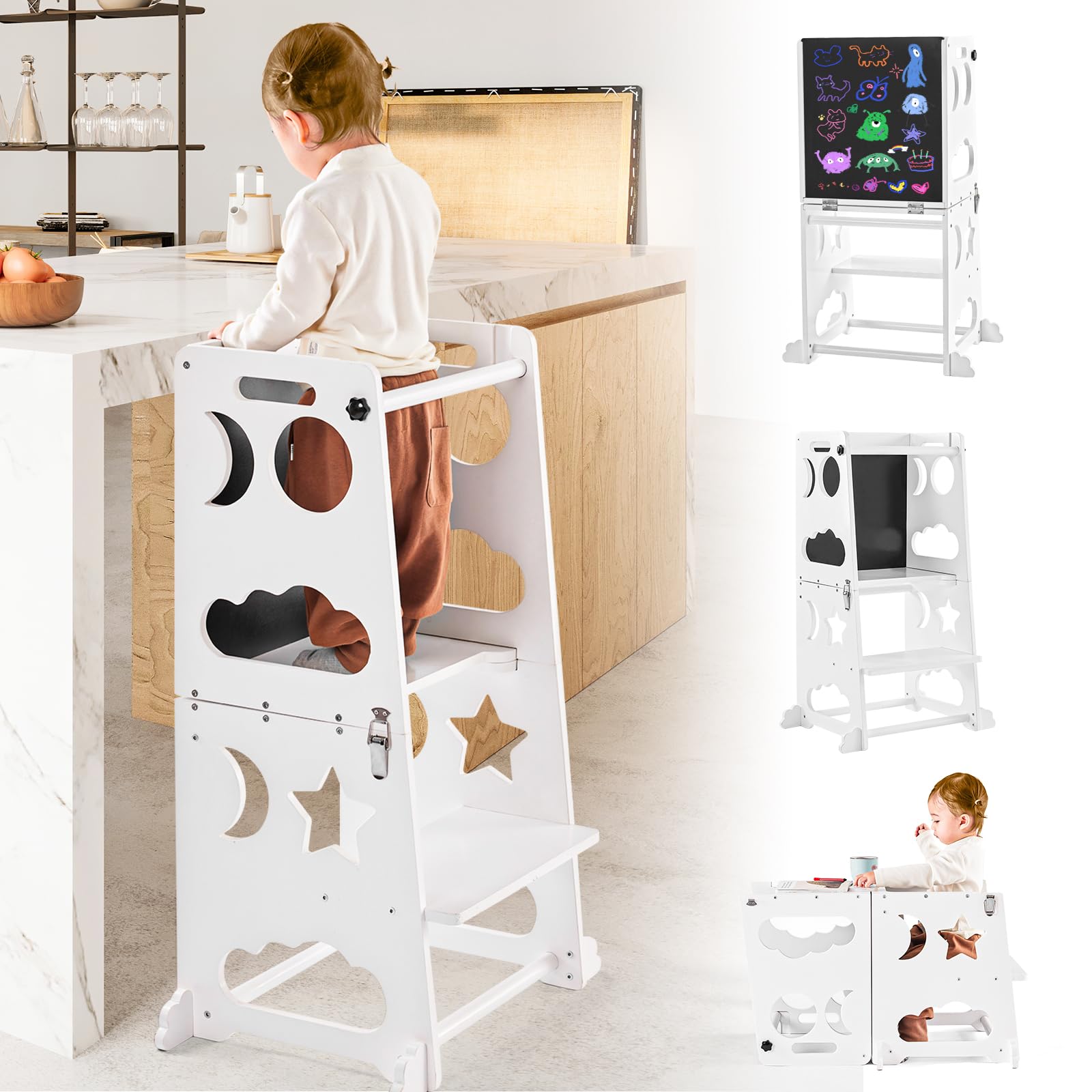 Toddler Kitchen Stool Helper, 4 in 1 Toddler Standing Tower Collapsible Kids Step Stool for Bathroom, Child Standing Tower for Toddlers with Chalkboard & Safety Rail, Montessori Kids Stool-Pure White