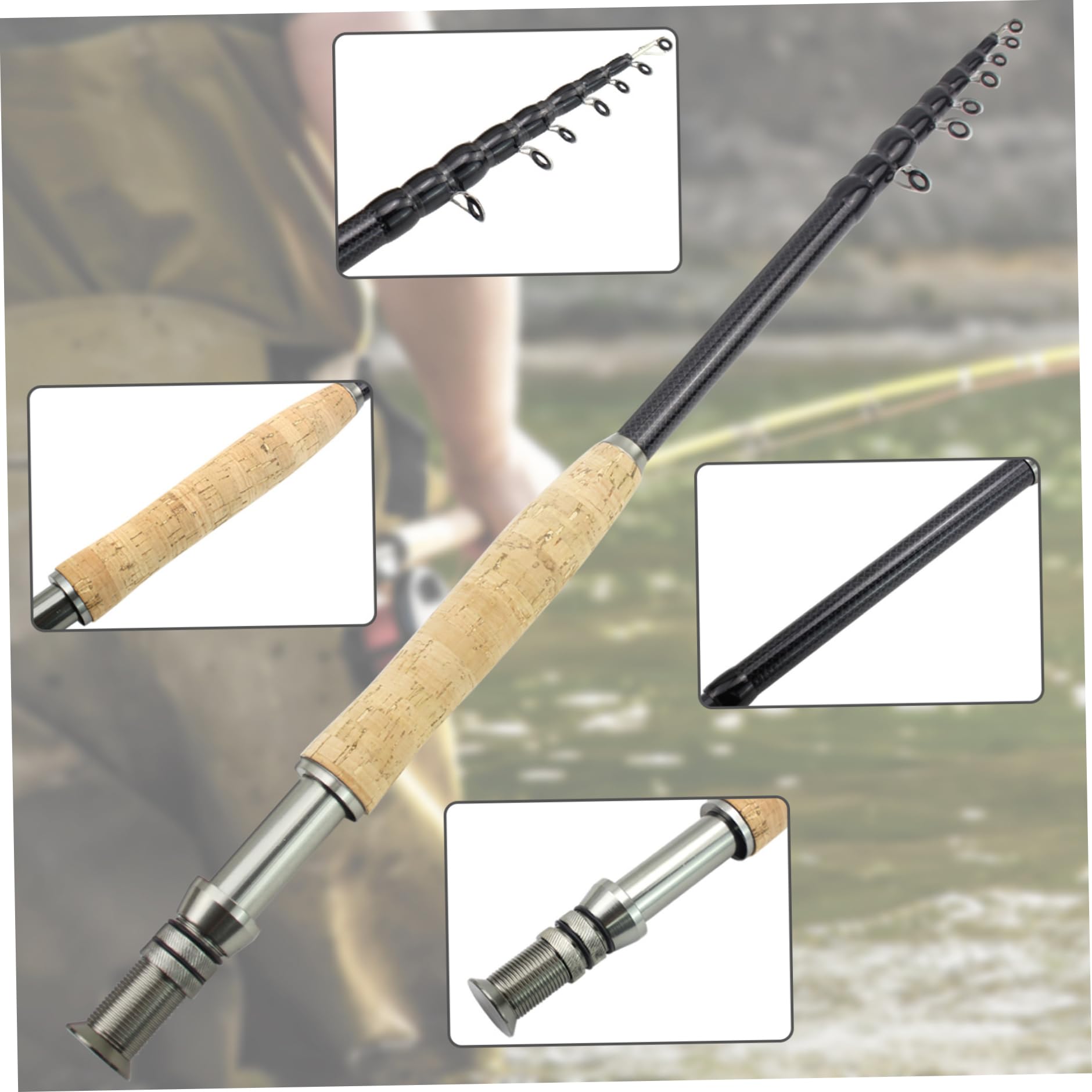 Varilla de Pesca telescópica de 7, 9 pies y Ligera caña de Pesca de Mosca de Carbono portátil y Ligera con Mango Suave para Accesorios al Aire Libre, Fibra de Carbono
