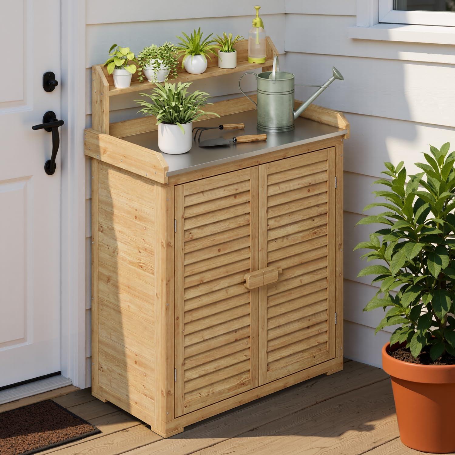 Table de Rempotage Extérieure,Table de Jardinage, Double Porte, avec Crochet, pour Jardin, Balcon, Terrasse, 88x45x120 cm,Naturelle