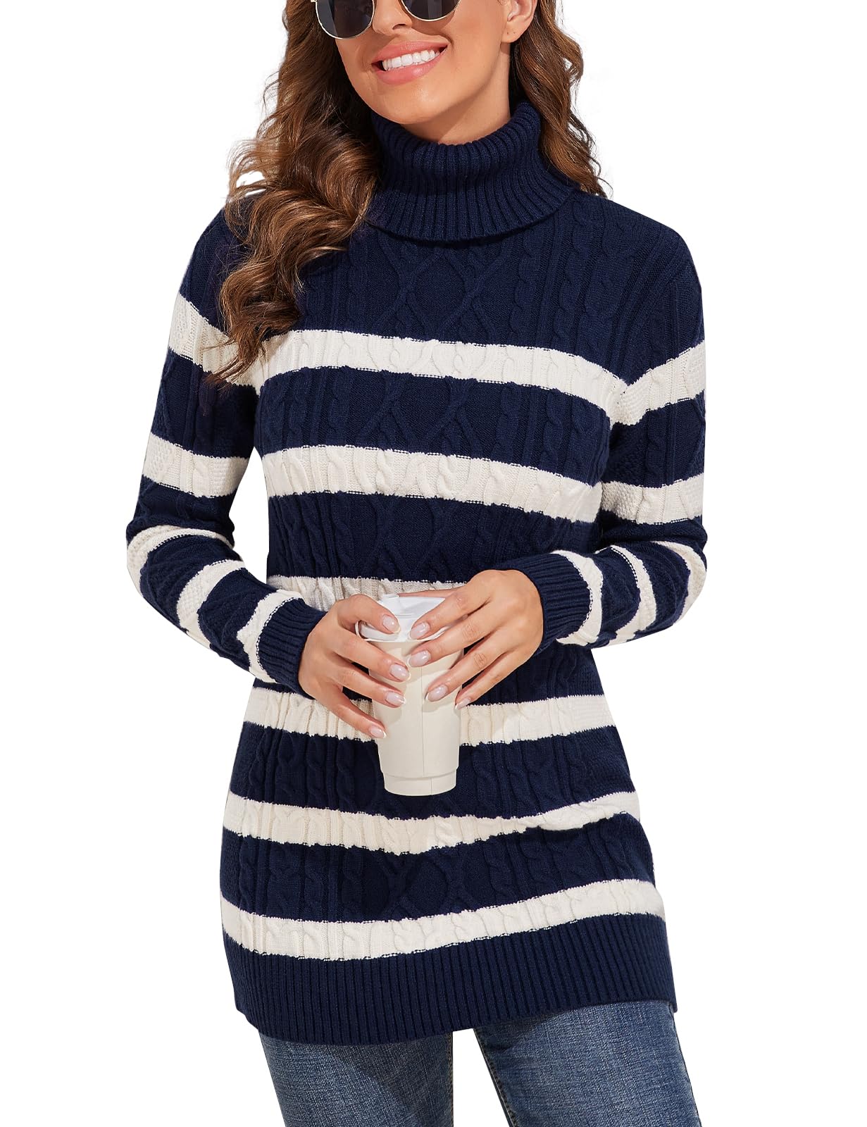 PrettyGuideWomen's Long Sweaters Turtleneck Plus Size Cozy Cable Knit Tunic Sweater Tops