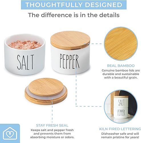 Miniatura 2 de Heartland Home Cuencos de cerámica para sal y pimienta. Bodega de sal de doble soporte con tapa, juego de recipientes de sal apilables, incluye