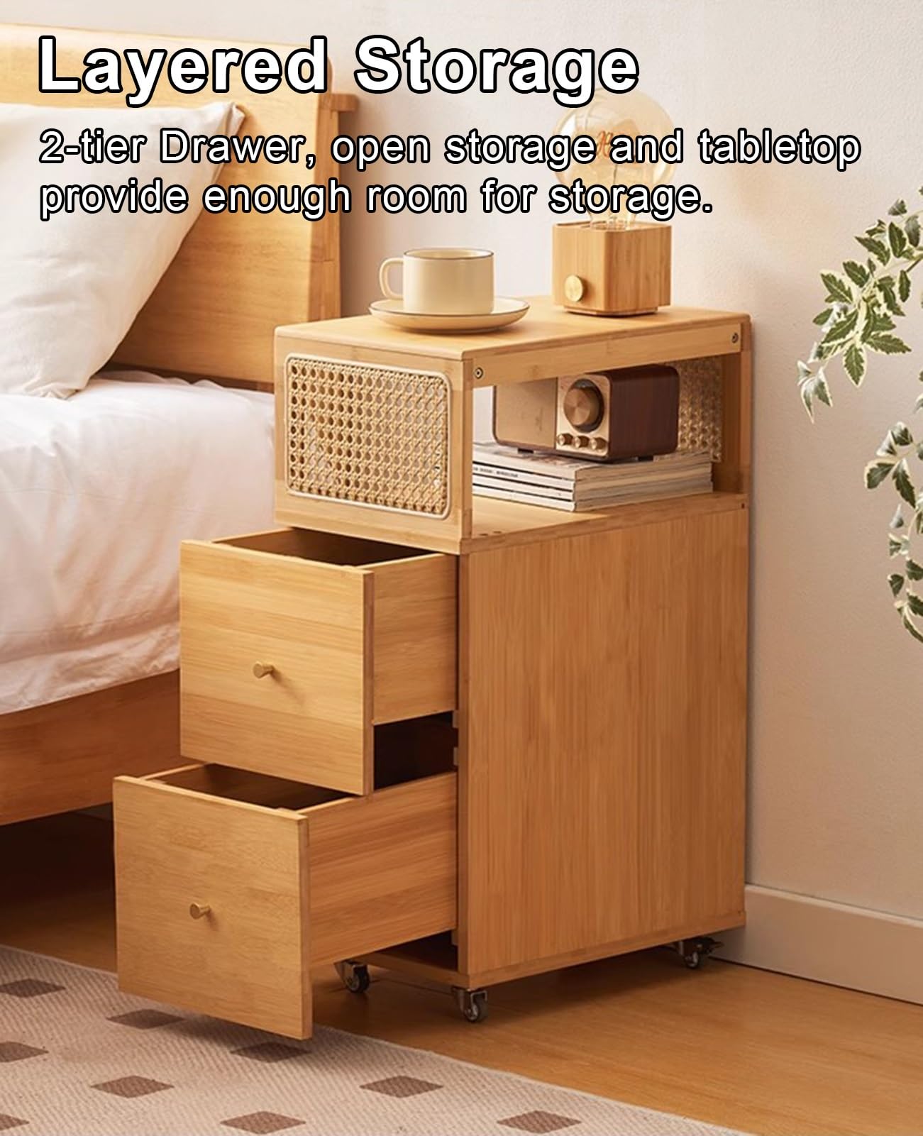 Mesita De Noche Estrecha De Madera Maciza con Ruedas Universales Y Cajones para Dormitorio, Sala De Estar Y Dormitorio.