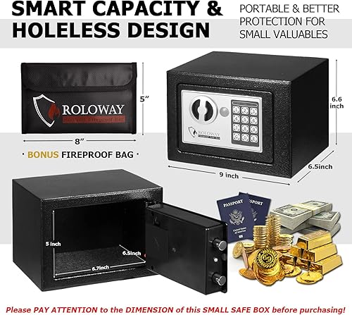 Miniatura 9 de ROLOWAY Caja de seguridad de acero para el hogar con bolsa de dinero ignífuga para dinero en efectivo, caja fuerte de seguridad para dinero con