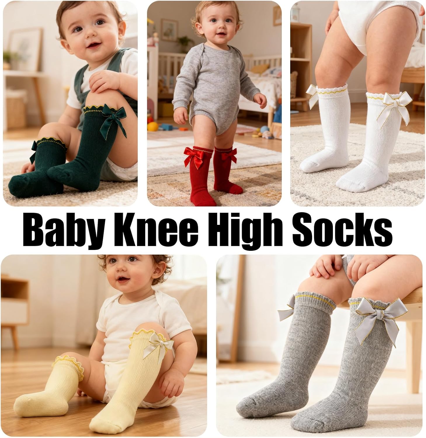 Baby Girl Knee High Socks: Soft Cotton Infant Baby Long Socks Newborn Stockings with Bow & Ruffle Non-Slip for Kids - Image 2