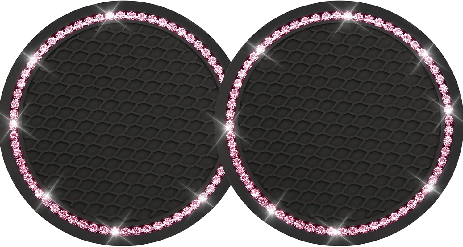 Yousheng 2PCS Bling Car Cup Coaster, Universal Holder Insert Rhinestone Anti Slip Silicone Accessories Suitable for Most Interior, Best Gift Women, Black and Pink