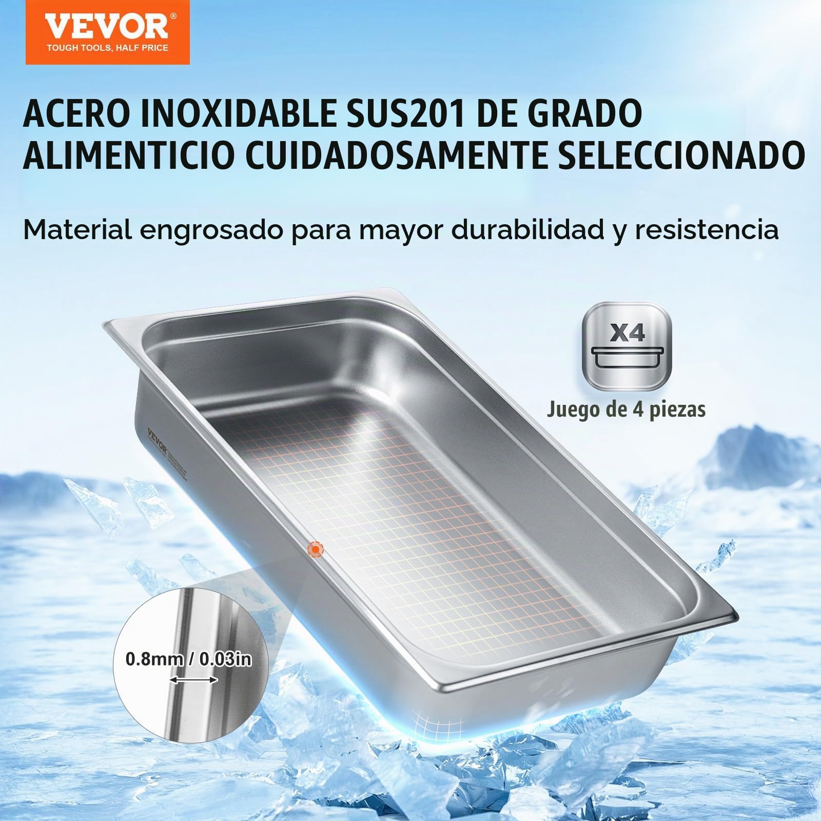 VEVOR 4 Sartenes de Hotel, Sartén Comercial de Vapor Antiatasco de Tamaño Completo con Tapa, Acero Inoxidable de 0,8 mm de Espesor, para Catering, para Industrial y Científico, 530 x 326 x 107 mm