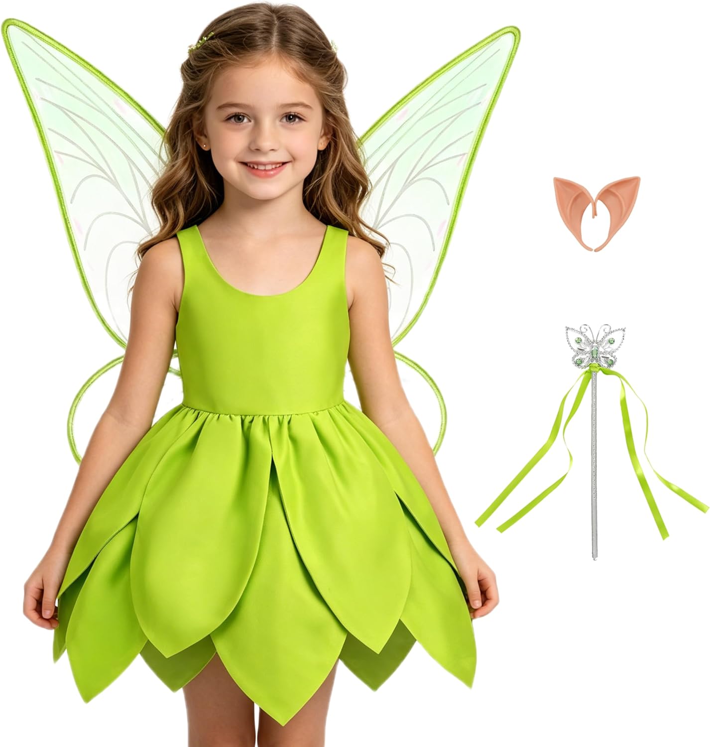 Tinkerbell Costume for Girls,Toddler Girls Fairy Dress with Pixie Elf Ears and Wings,Princess Dress Halloween Fairy