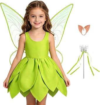 Tinkerbell Costume for Girls,Toddler Girls Fairy Dress with Pixie Elf Ears and Wings,Princess Dress Halloween Fairy
