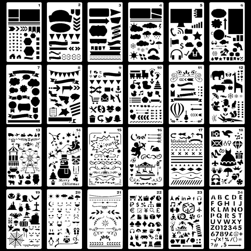 Koogel 24 Pcs Journal Stencils, Plastic Drawing Templates Set Planner Stencils for Journal Painting DIY Crafts