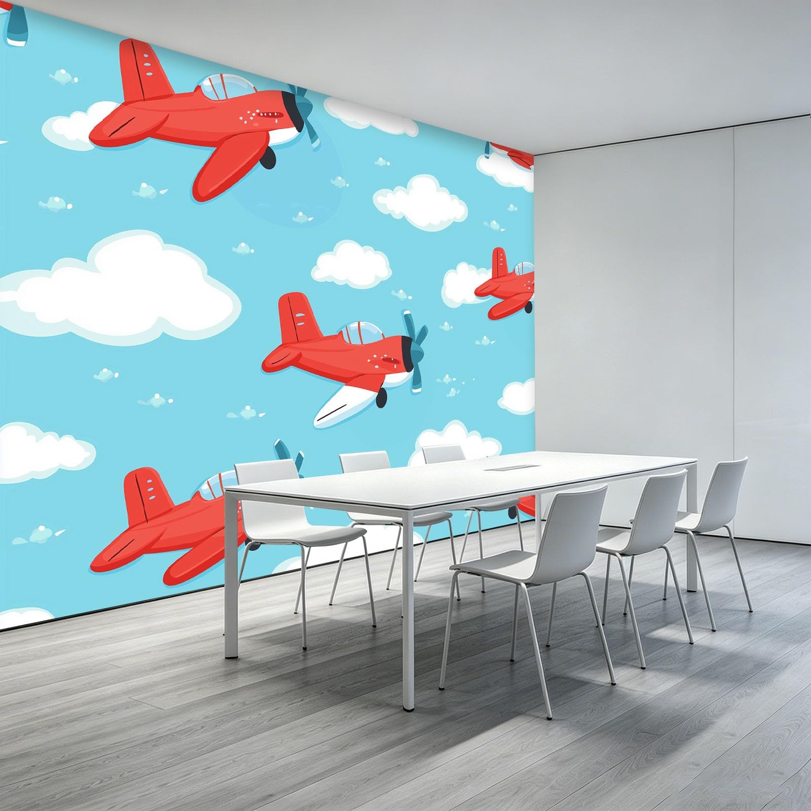 Générique Panoramiczna tapeta 200 x 140 cm Kreskówka Minimalistyczny samolot włóknina XXL fototapeta dekoracja ścienna gobelin salon sypialnia - tapeta Trompe l'eil efekt 3D, jasnoniebieska