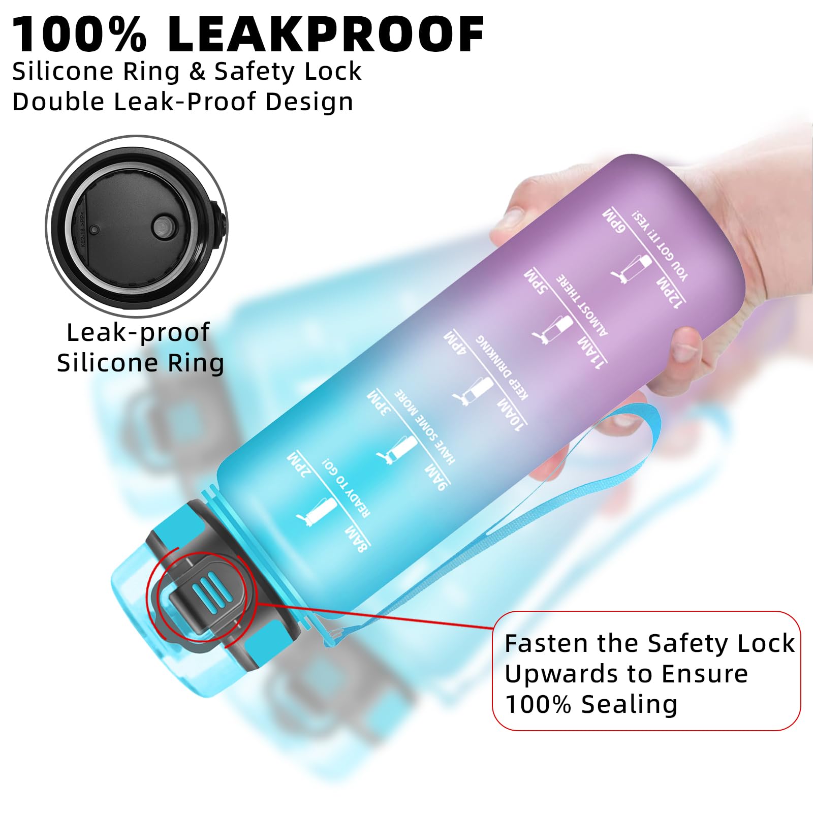 Borraccia, Borraccia Palestra 1 litro, Borracce Senza Perdite, Borracce Motivazionale, Facile da Trasportare, Bottiglia con Orari per Bere, Facile da Pulire, per Campeggio, Fitness, Yoga, Scuola