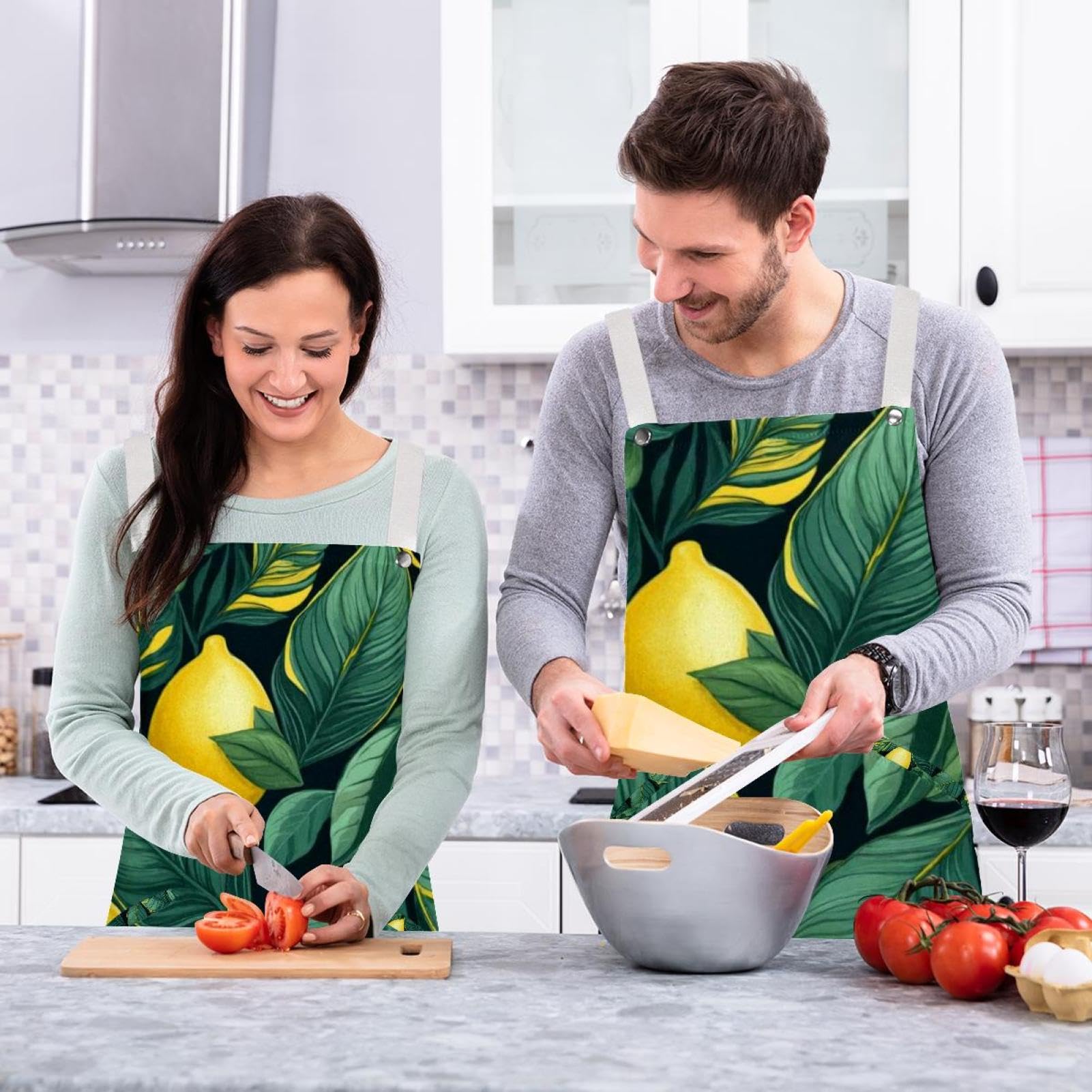 Lot de 2 tabliers de cuisine doux et réglables avec 2 grandes poches pour homme et femme Motif citronnier Vert, Citronnier vert, L:26.2x34.6in/66.5x88cm;M:26.2x26.6in/66.5x67.5cm