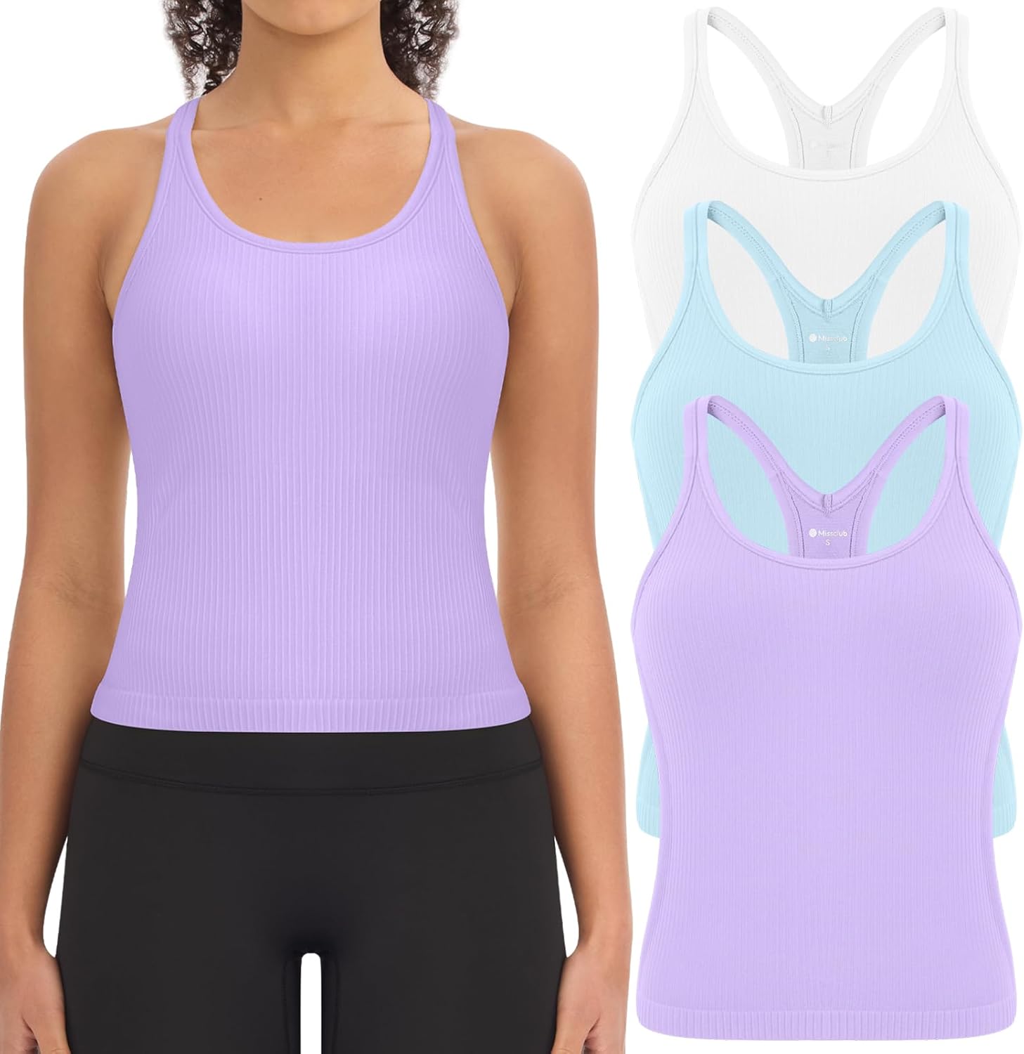 3 Pack Ribbed Workout Crop Tank Tops with Built in Bra for Women Seamless Racerback Cropped Athletic Gym Yoga Tops