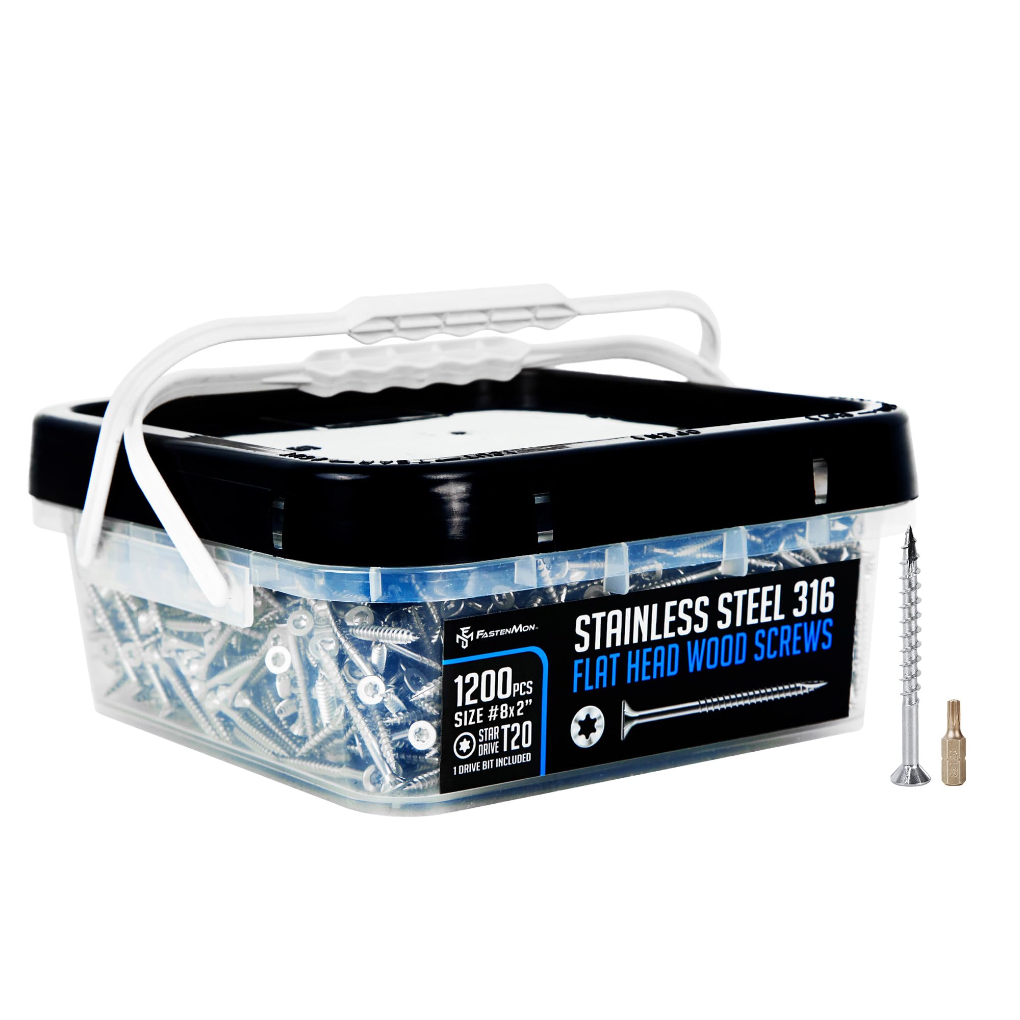 FM FastenMon #8x2 Marine Grade 316 Stainless Steel Deck Screws, 1200 PCS, Flat Head T20, Type 17 Point, Rust Resistant, Quick Drive, Strong Grip for