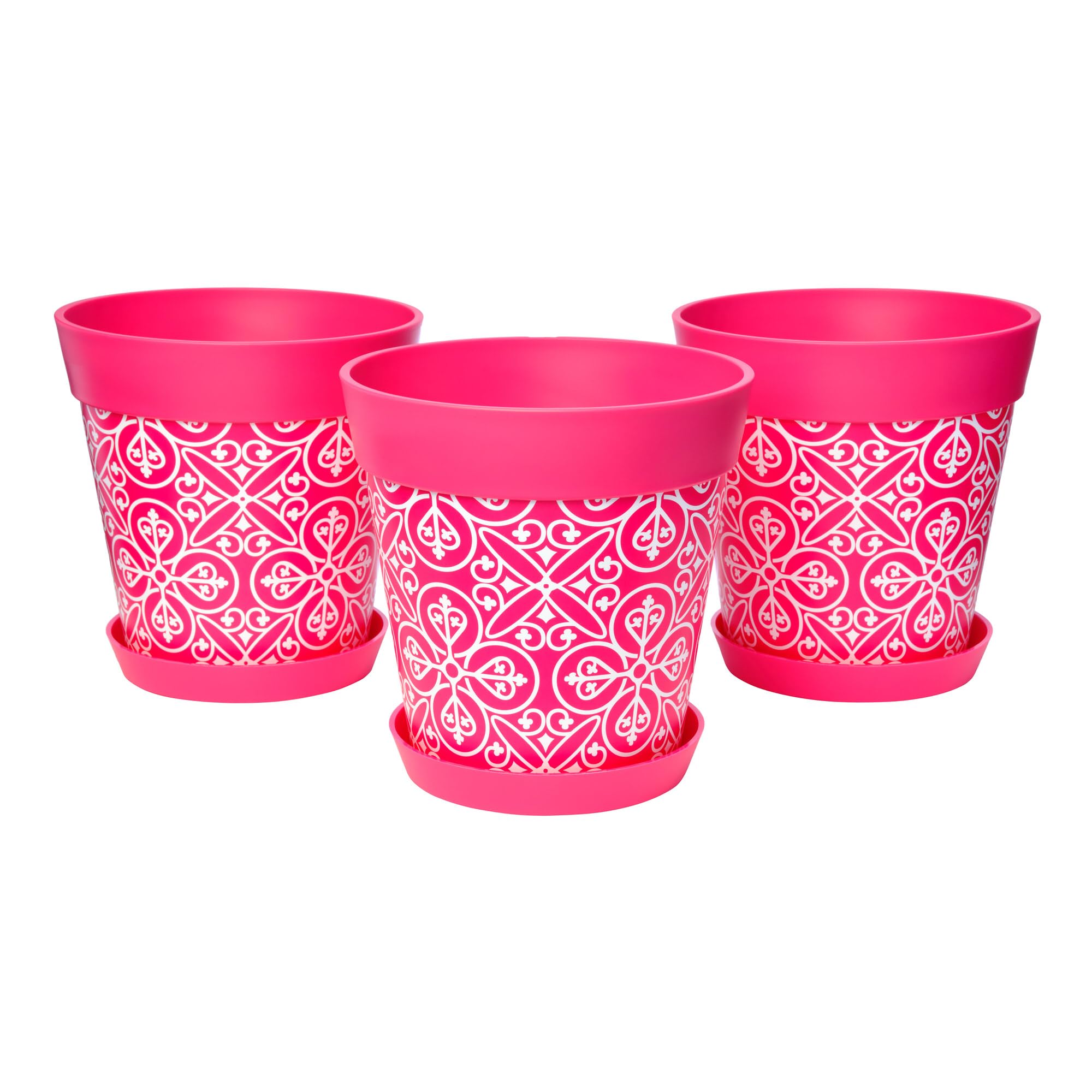 Hum Flowerpots Pink Maroc Set Of 3 Plastic, Indoor/Outdoor Plant Pots 22Cm Diameter And 3 Saucers 17Cm Diameter (Pink Maroc)