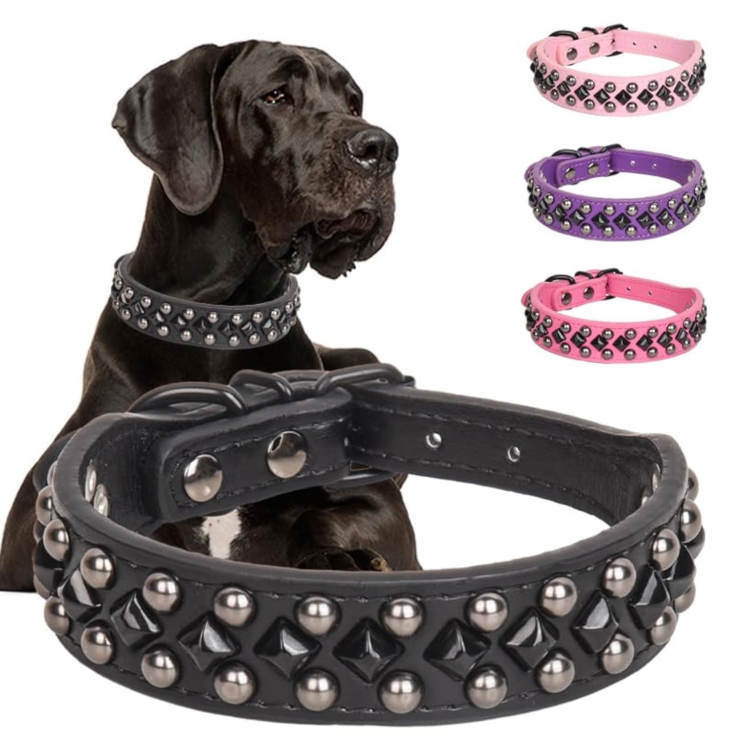 Serijoars Spiked Studded PU Leather Dog Collar for Small, Medium, Large Breeds, Pit Bull, Bully, Husky, Terrier, Adjustable (Black, XXL (50-57CM))