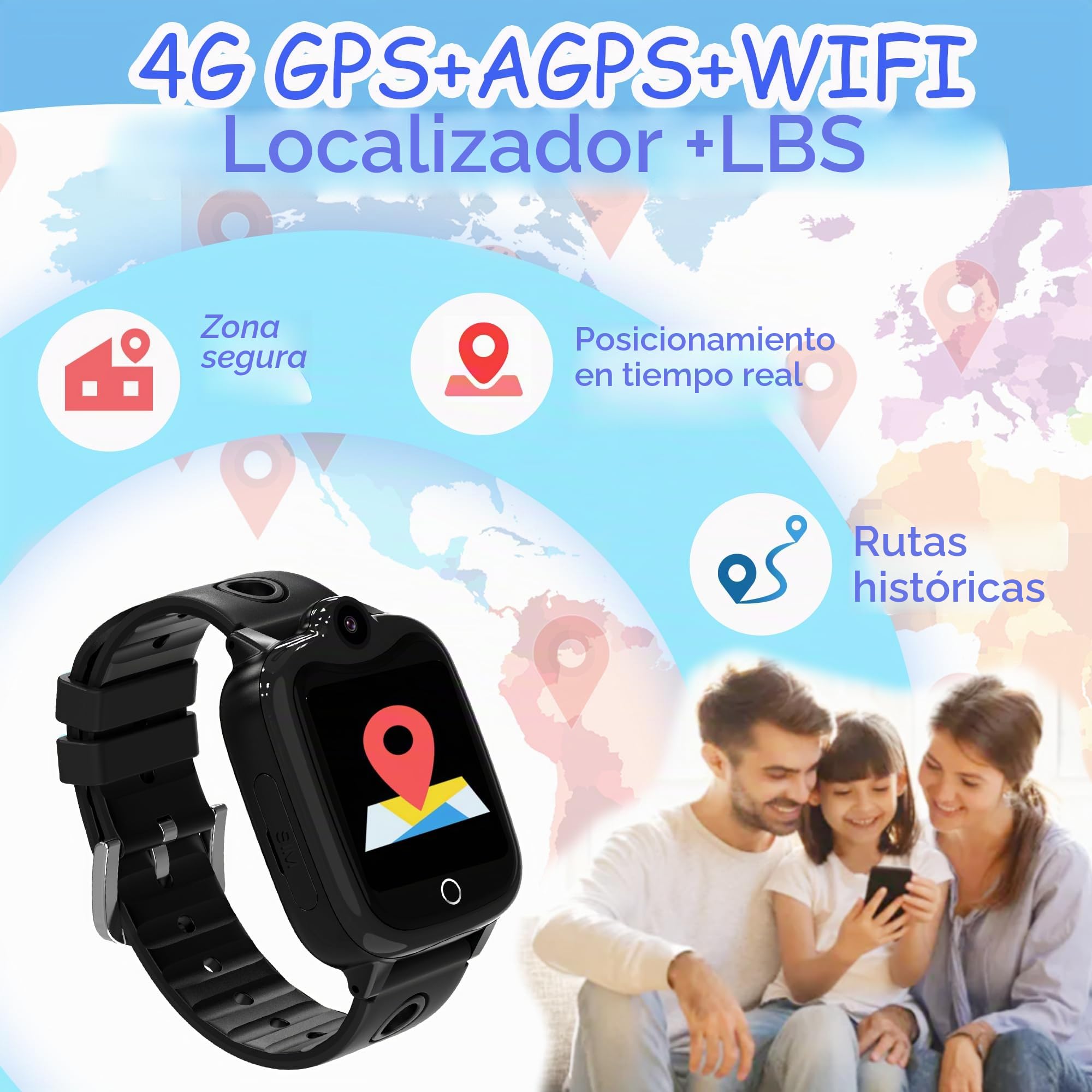 4G Reloj Inteligente Niño, IP68 Smartwatch Niño con GPS y Llamadas | Videollamadas HD, Chat de Voz, GPS/WIFI/LBS Localizador, Modo Escuela, SOS, Despertador Reloj Niño Regalo Niñas y Niños Negro