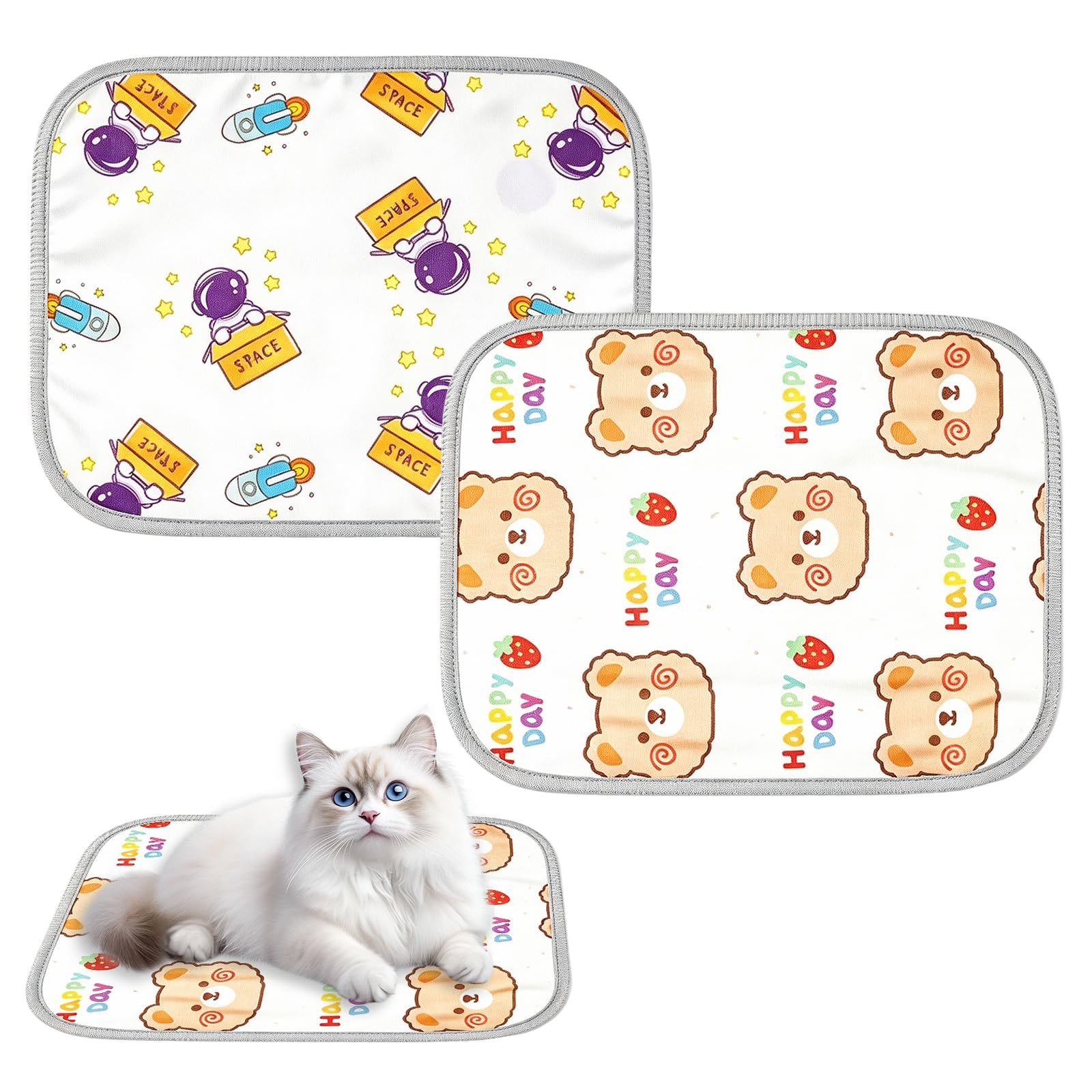 Viilich 2 Pack Ice Silk Pet Cooling Mat, 40x50cm Washable Summer Cool Pad, Dual Cute Pattern Breathable Cooling Sleeping Pad for Rabbits, Hamsters, Cats, Small Puppies