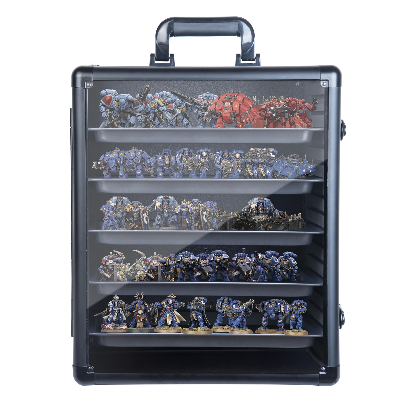 CROFEYTY Miniatures Storage Case Modular Miniatures Transport Case with 5 Trays,Miniatures Carrying Transport Display Storage Case Aluminum Alloy Frame (Black)