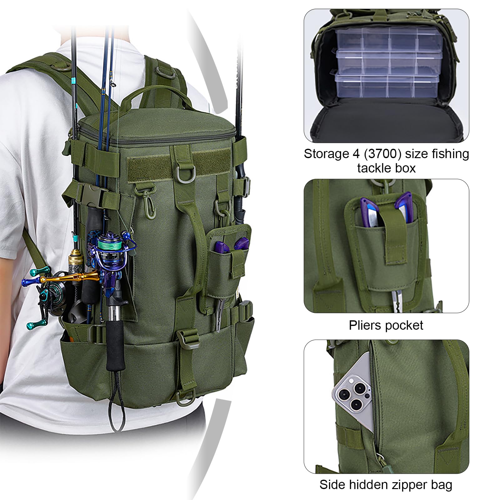MeYuxg Angelrucksack mit Rutenhalter,Angelrucksack aus Oxford-Gewebe mit Rutenhalter,Multifunktionaler Freizeit-Angelrucksack,Umhängetasche für Angelausrüstung zum Campen,Wandern und Radfahren(Grün)