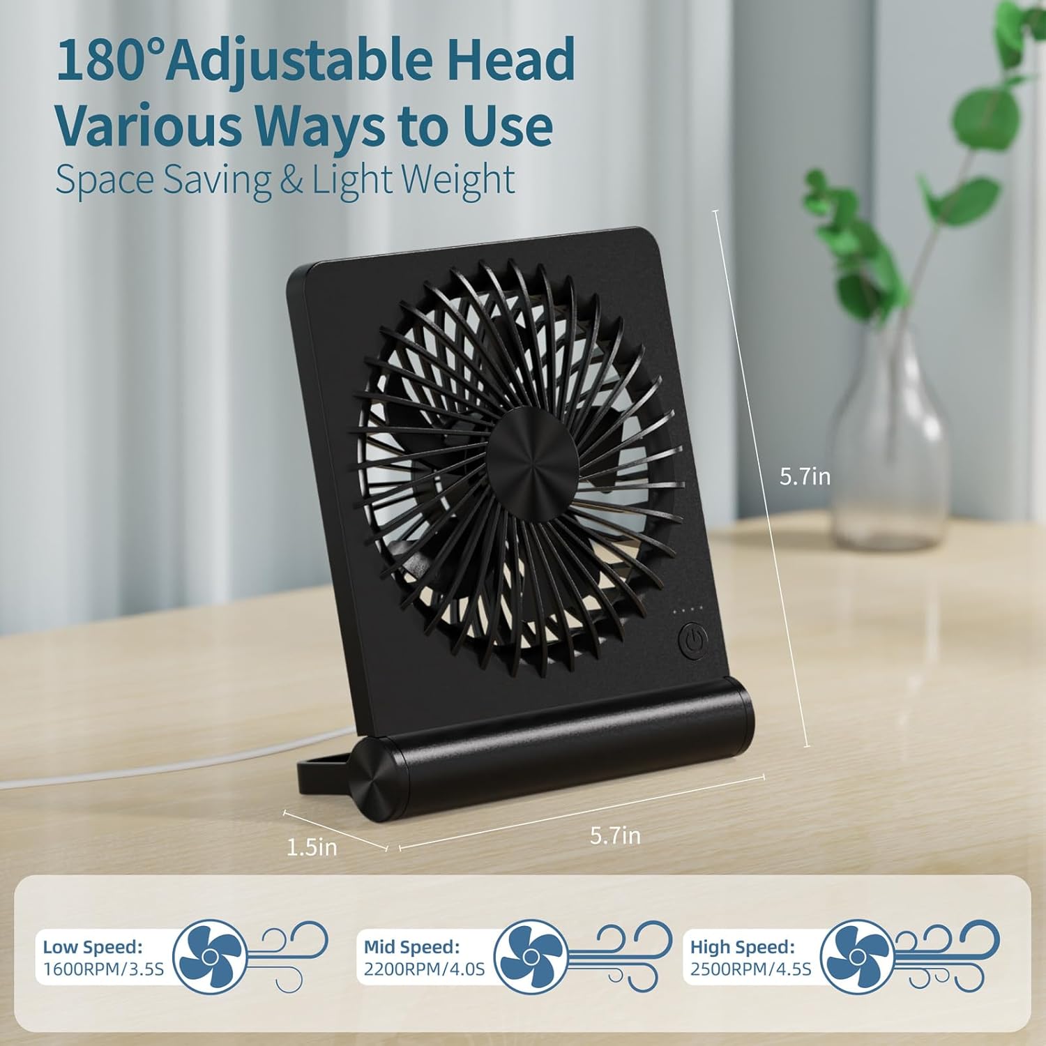 Desk Fan USB Powered with 3 Speeds Adjustable Strong Wind, Ultra Quiet Mini Personal Fan USB-C Corded Powered,220° Tilt Folding Plug In USB Fan - Image 3