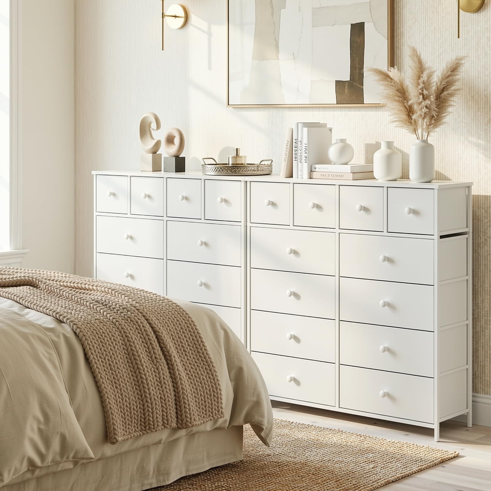 Clevich Cassettiera in tessuto, armadio per riporre, credenza per soggiorno con 12 cassetti per cucina, ufficio, ingresso e camera da letto (Bianco)