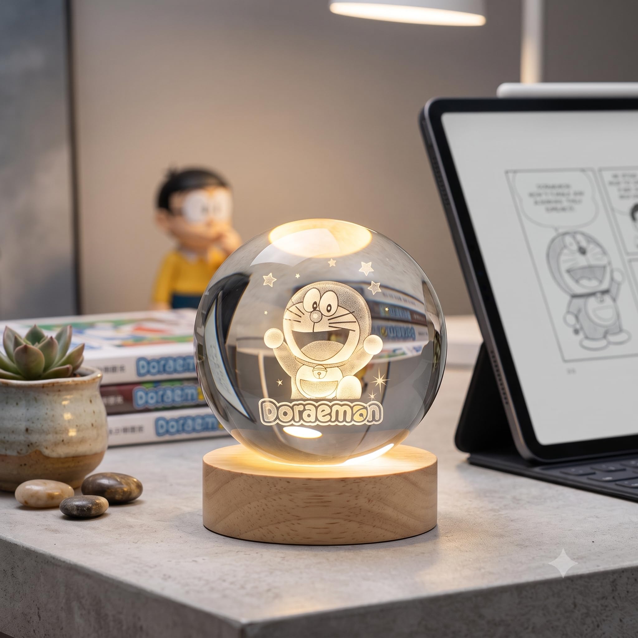 SHOPOGENIX Crystal Ball Night Light Dimmable Warm RGB Colour Night Lights Wooden Base 2.4 inches Fantasy Decoration Crsytal Ball Night Light Birthday Gift for Teens Boys and Girls (Doraemon)-image-2