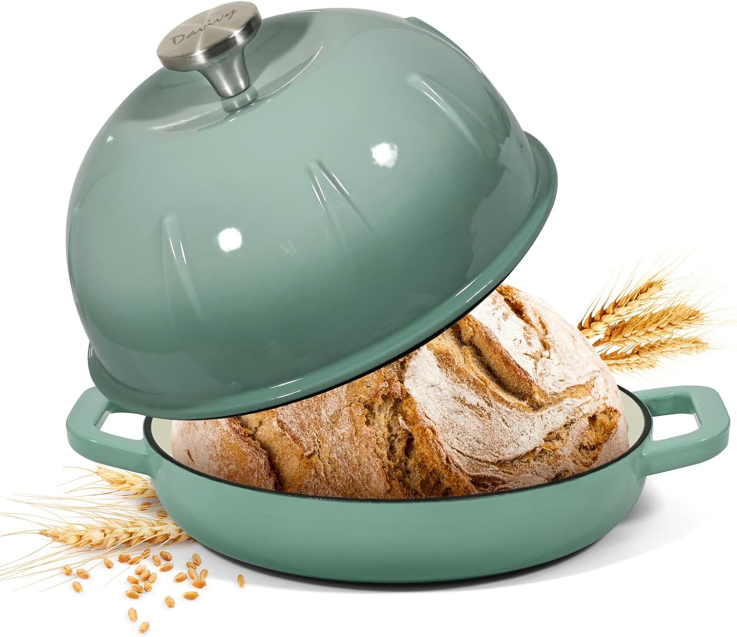 Davivy 5QT Enameled Cast Iron Dutch Oven Pot, Round Sourdough Dutch Oven, Bread Cloche for Sourdough Bread Pan with Domed Lid - Light Green