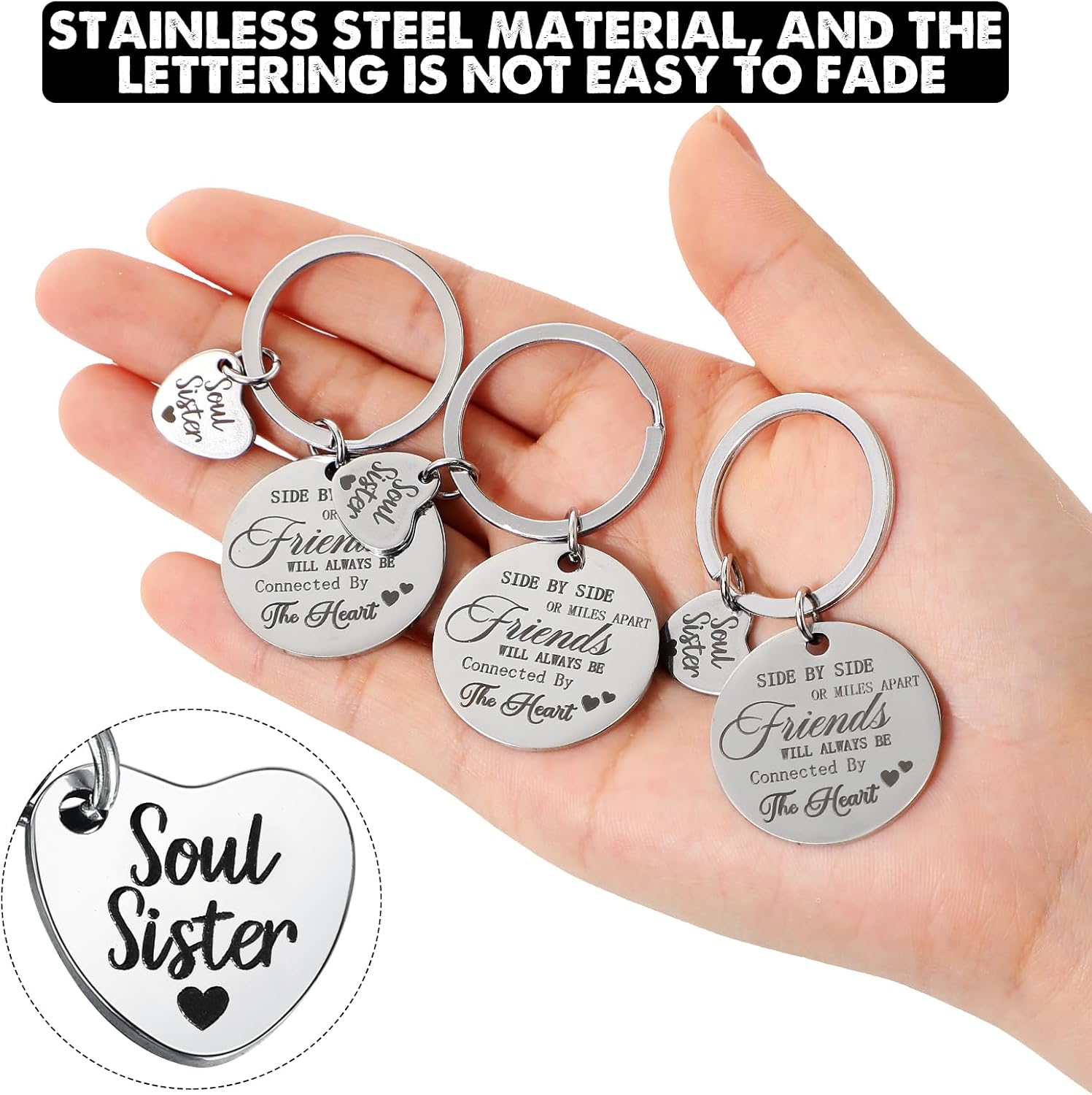 Roowest 6 Pieces Sister Keychain Gift from Sister, Side by Side or Miles Apart Friends Will Always Be Connected by The Heart Keychain for Women Friend Birthday Jewelry Gifts - Image 3