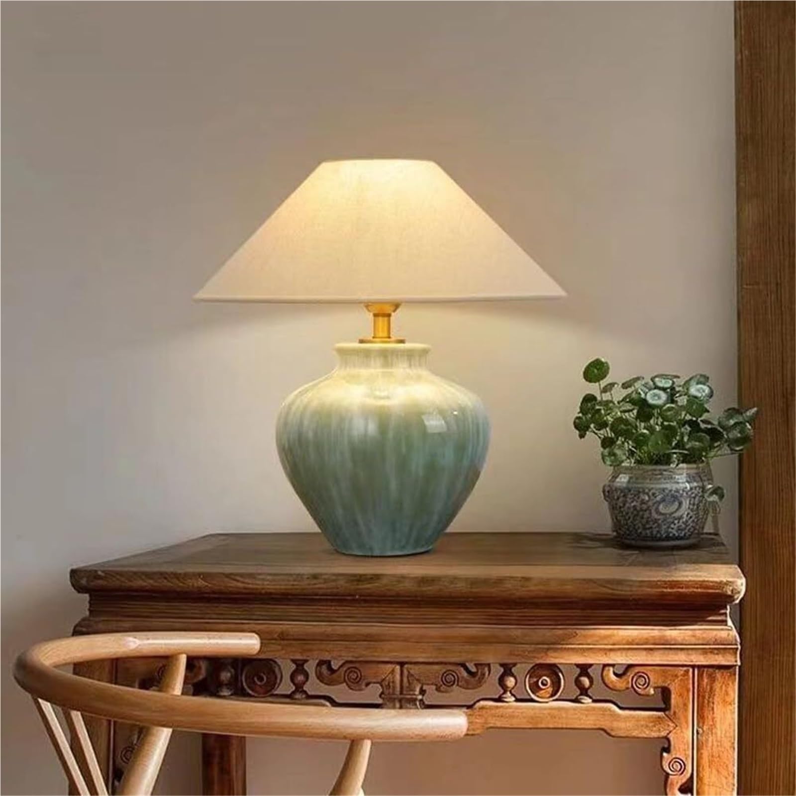 Khukhu Sage Green Wabi Sabi Green End Table Lamps Farmhouse Pot Urn Ceramic Table Lamp