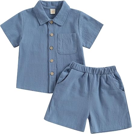 Sujhwsx Toddler Baby Boy Shorts Set Cotton Linen Short Sleeve Button-up Shirt and Shorts 2 Piece Summer Outfit