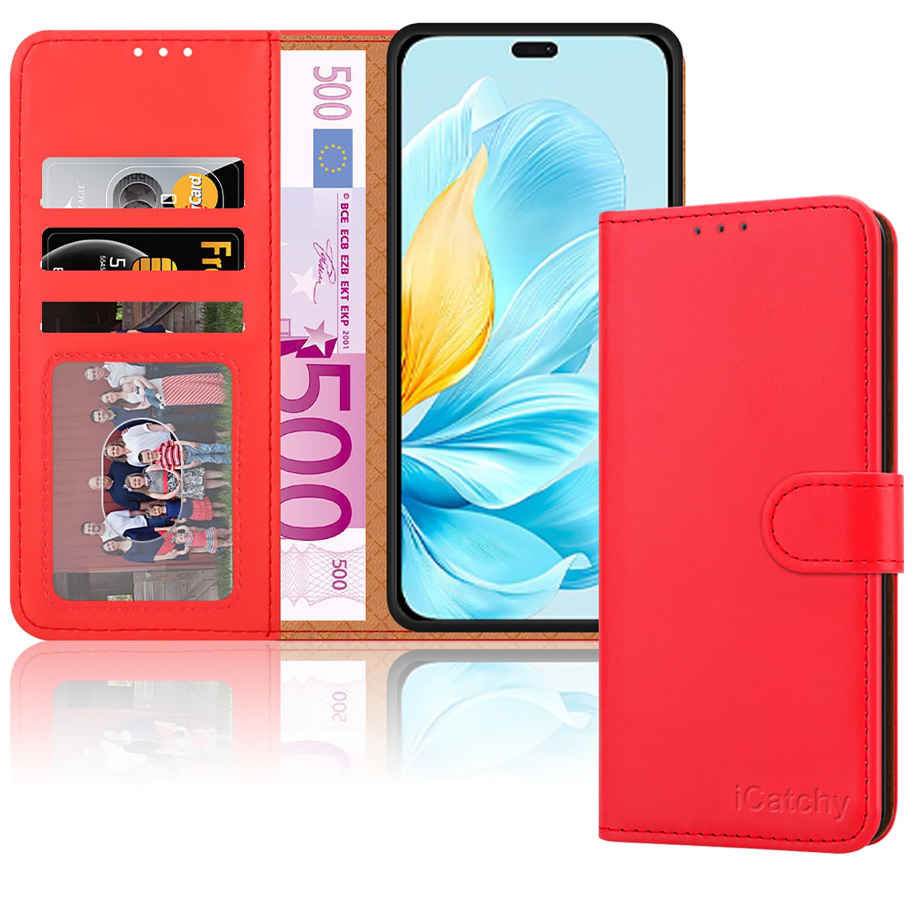 iCatchy for Honor 200 Lite Case Shockproof Leather Wallet Book Flip Card Slots Kickstand Magnetic Closure RFID Blocking Cover for Honor 200 Lite Phone Case (Red) - Image 4