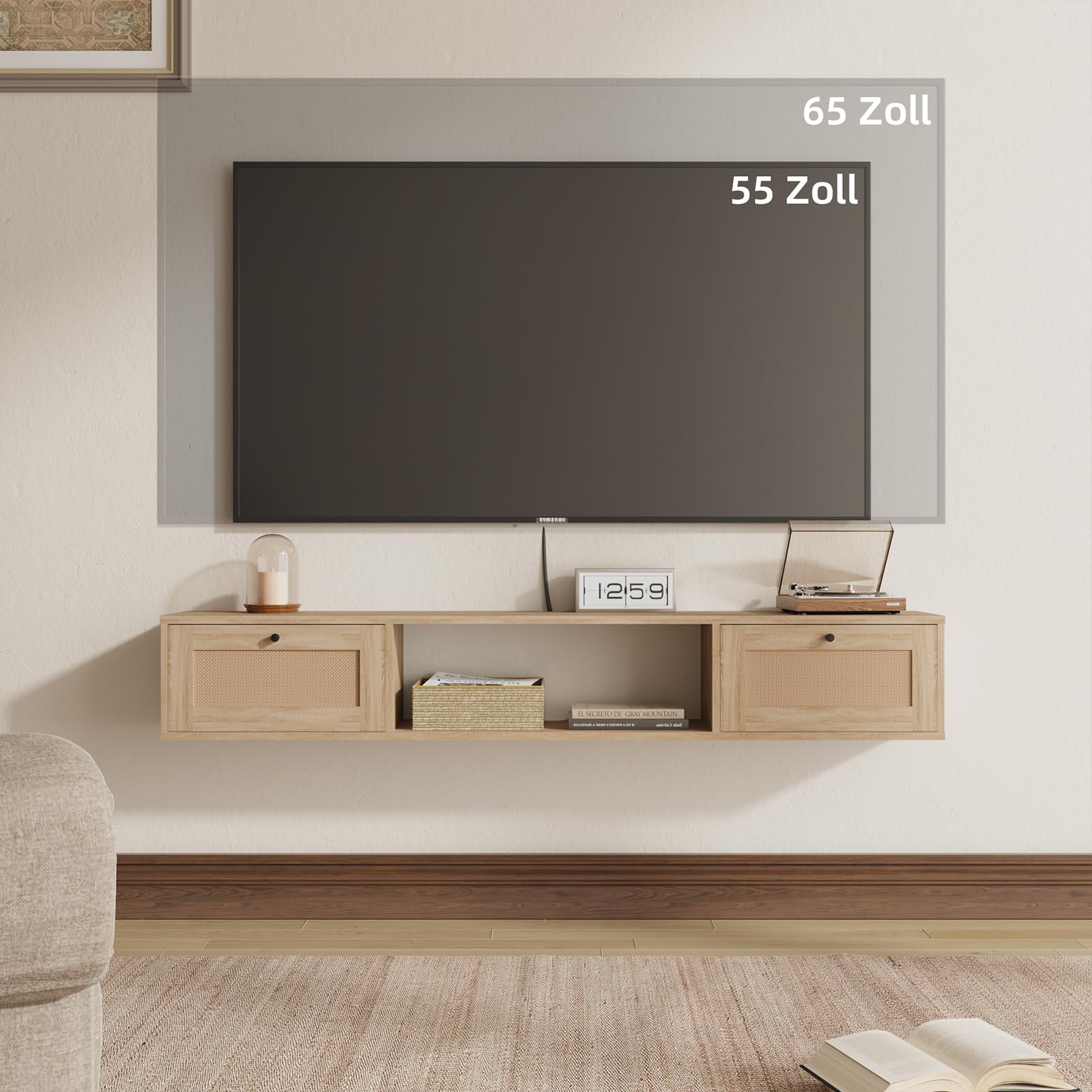 Mueble de TV Flotante 145 cm, Mueble TV Suspendido para Televisores de hasta 65 Pulgadas, Mesa para TV con Puertas de Ratán y Espacio Abierto de Almacenamiento para Salón, Roble Claro
