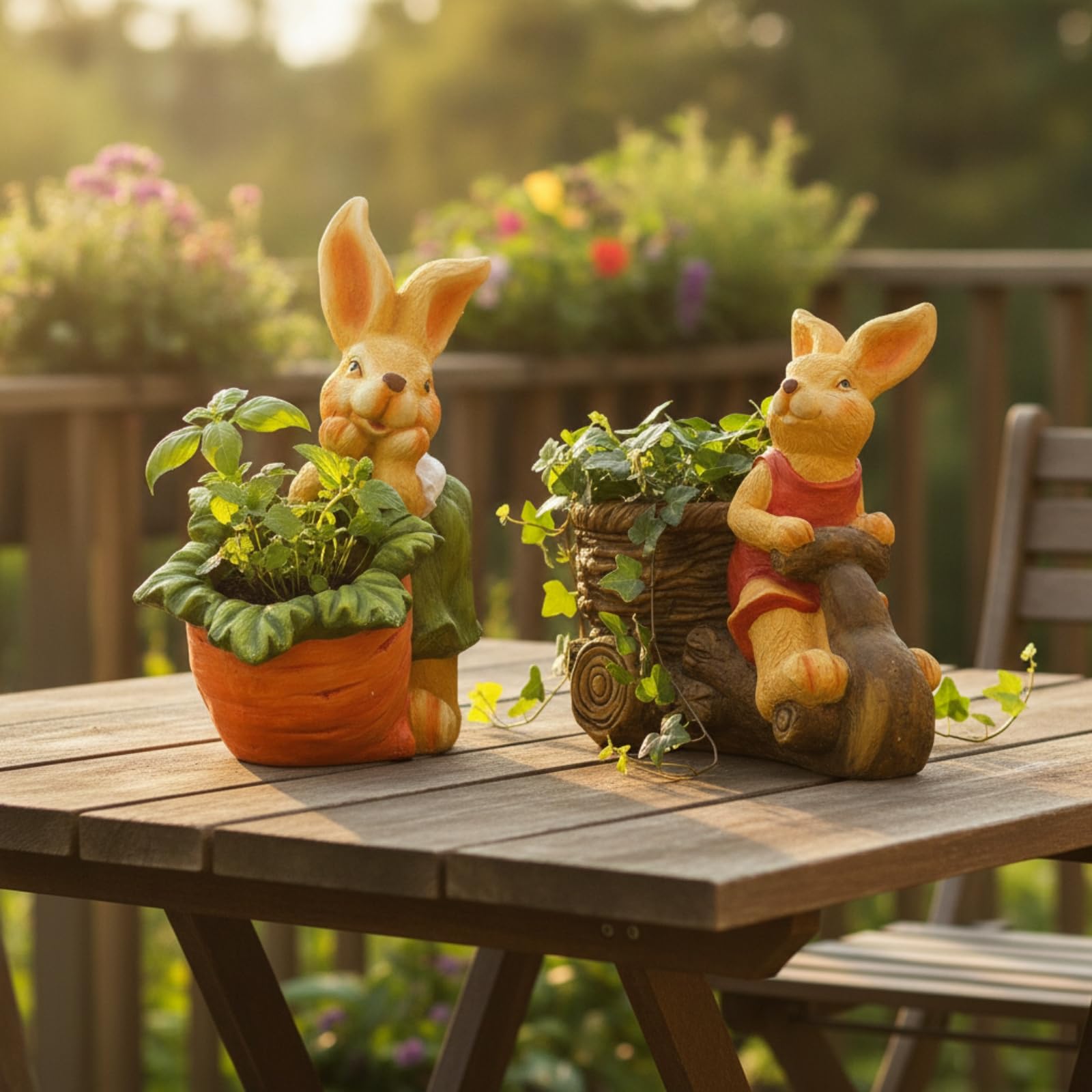 Gralara 2 Stück Pflanztopf mit Hasenfigur Dekorativ Hasenfigur-Blumentopf Frostfest Gartendeko für Gartenliebhaber