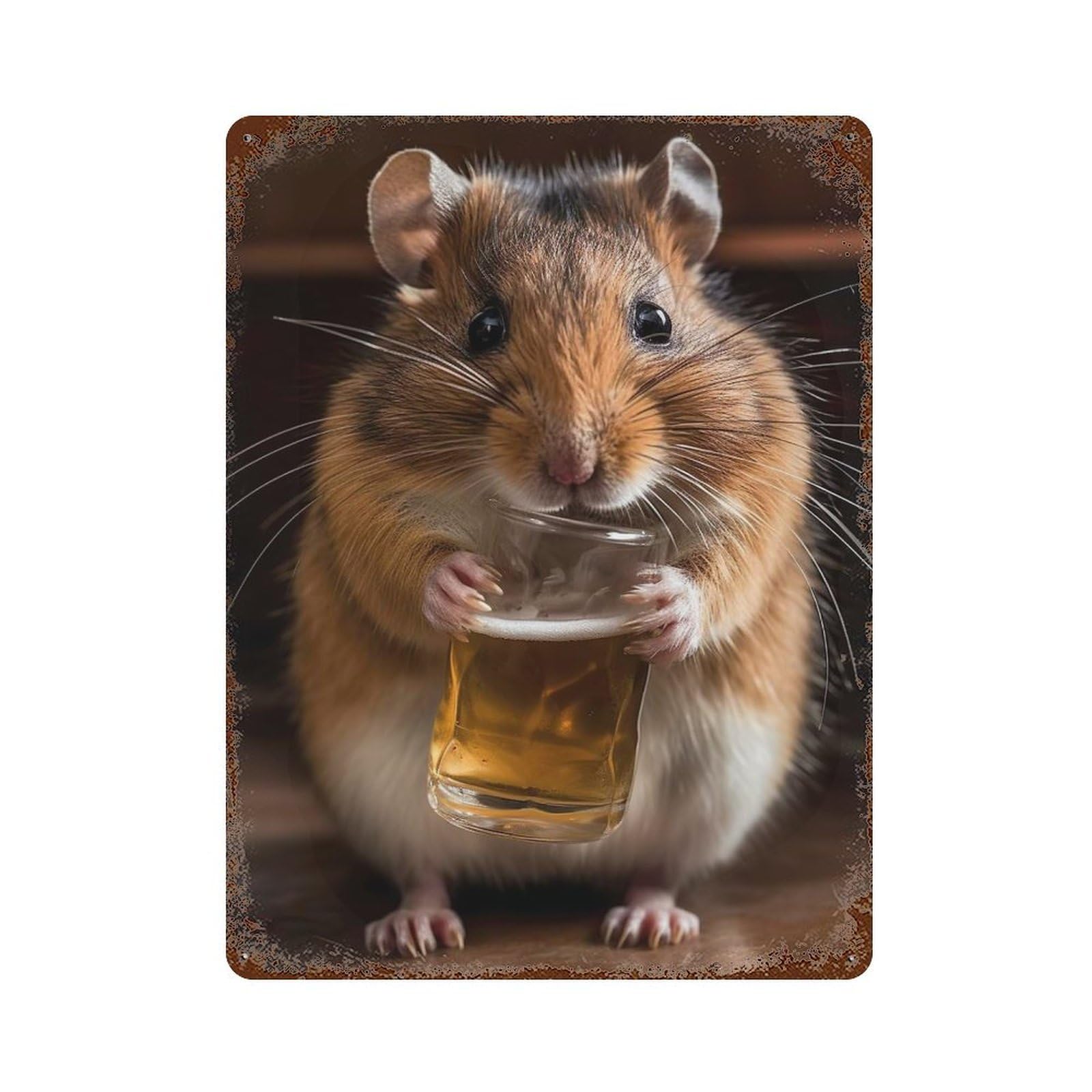 Hamster Drinking Beer Vintage Wall Sign 15.7"x11.8", Rust Effect Metal Decor for Basement, Hobby Room And Garage Decor