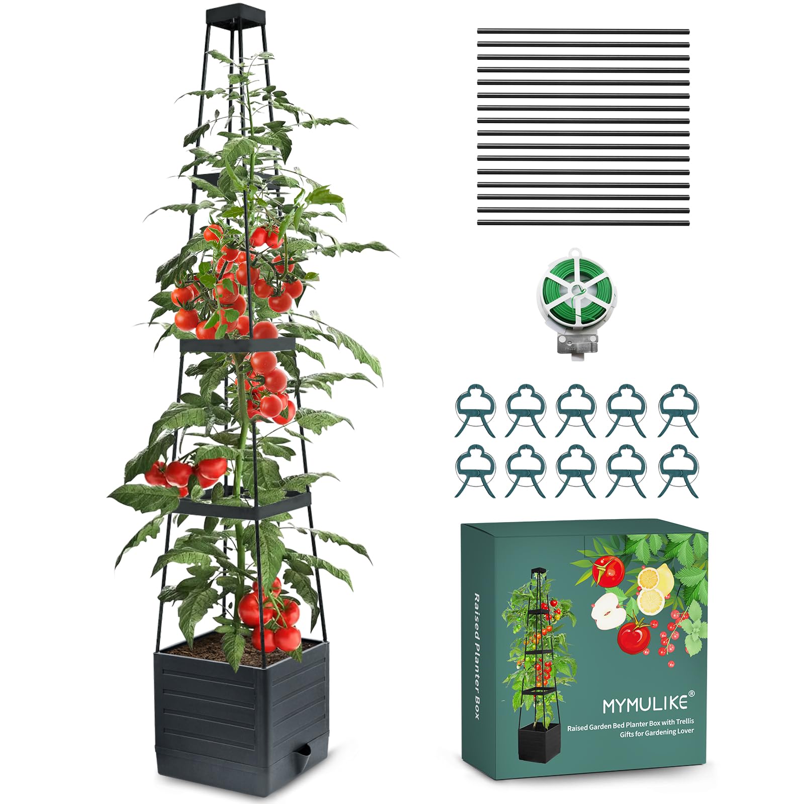 MYMULIKE Raised Garden Bed Planter Box with Trellis,Tomato Cage Planter Raised Garden Bed with Trellis for Climbing Vegetables Plants Tomato Cage w/Self-Watering